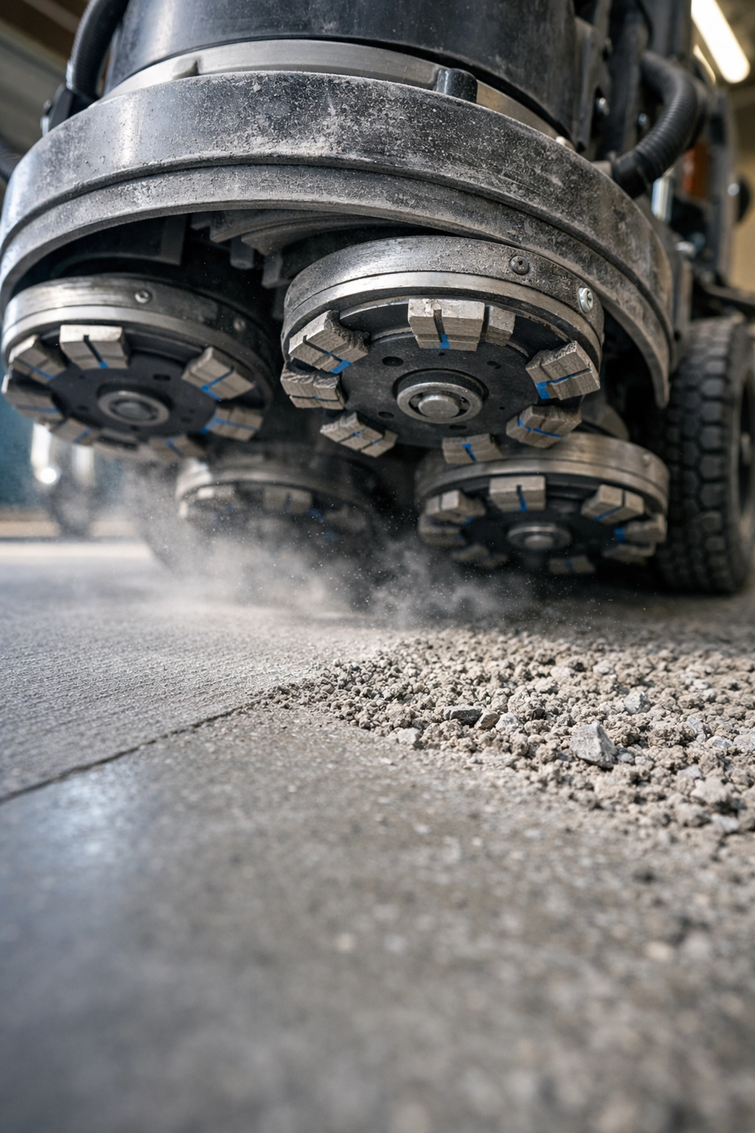 Industrial diamond grinder preparing a concrete garage floor for a professional polyaspartic coating.