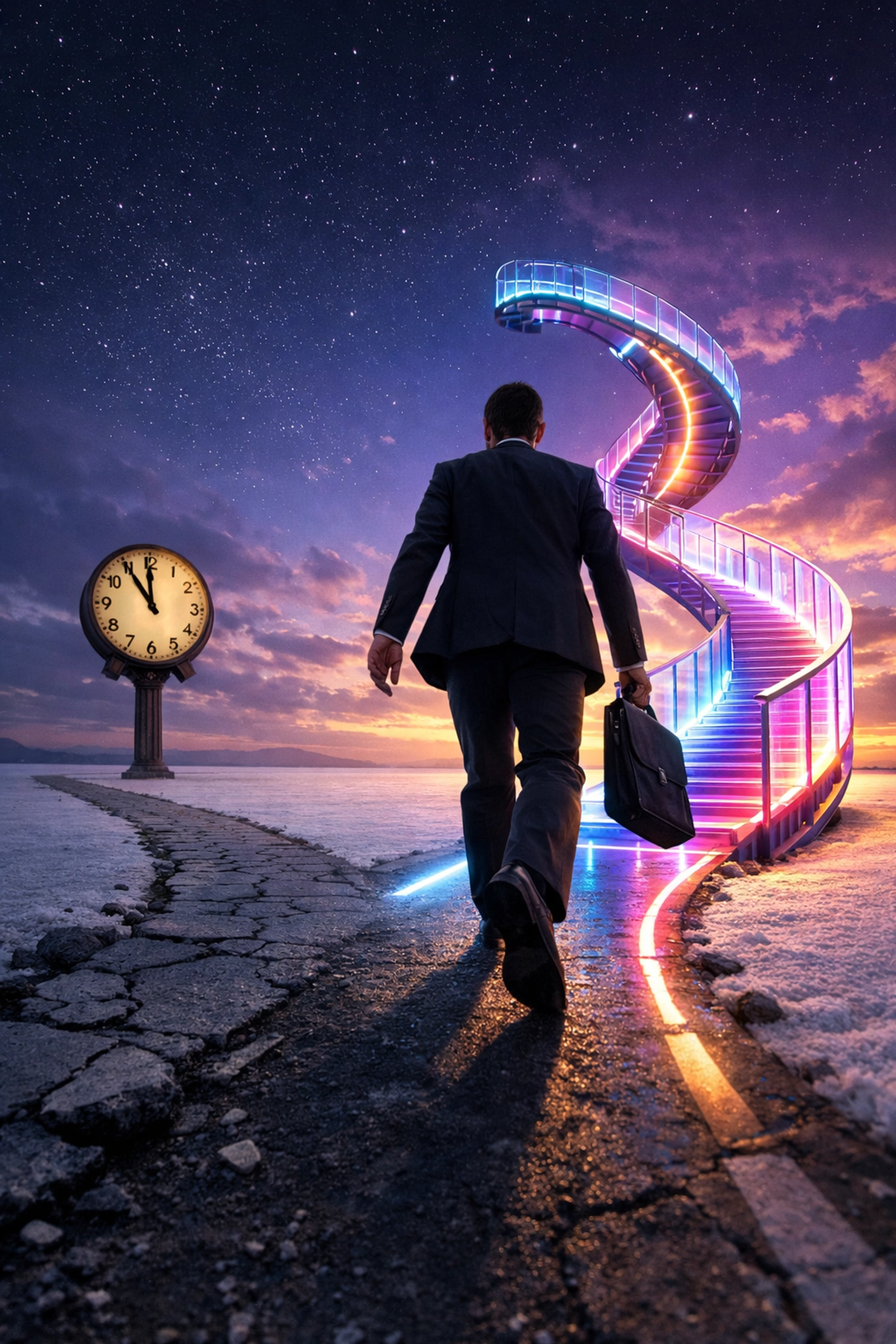 A professional at a crossroads choosing a modern career path over a traditional, outdated route.