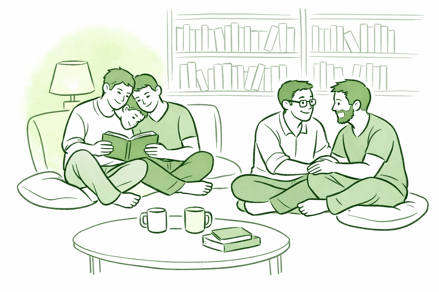 A supportive MM romance book club with men reading and connecting in a welcoming green-toned bookstore.