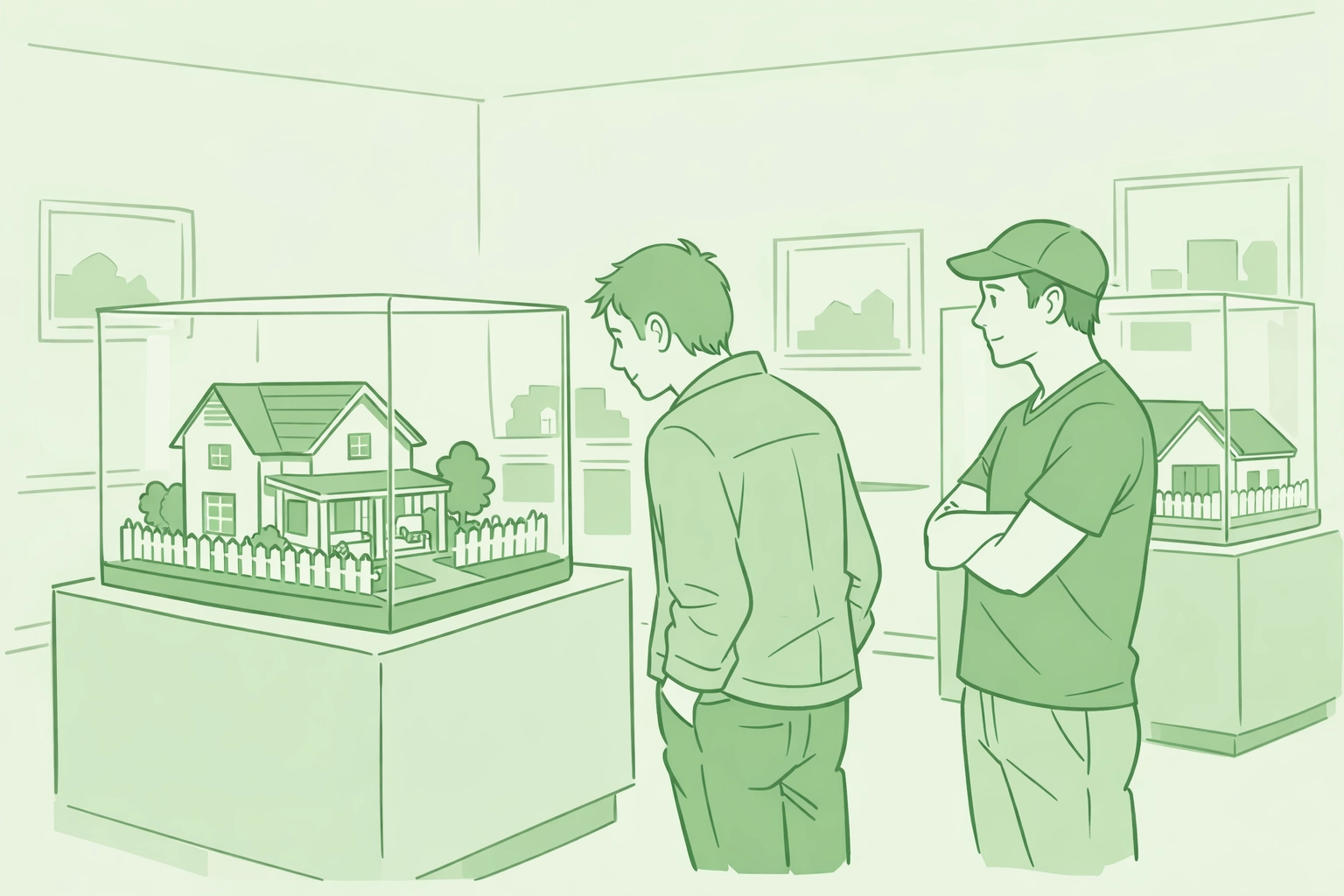 Two men observing preserved nuclear family home models in museum exhibit