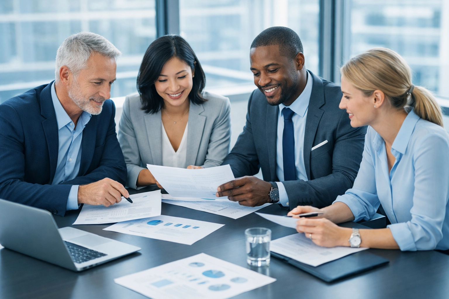 Business exit planning team reviewing financial strategy in conference room