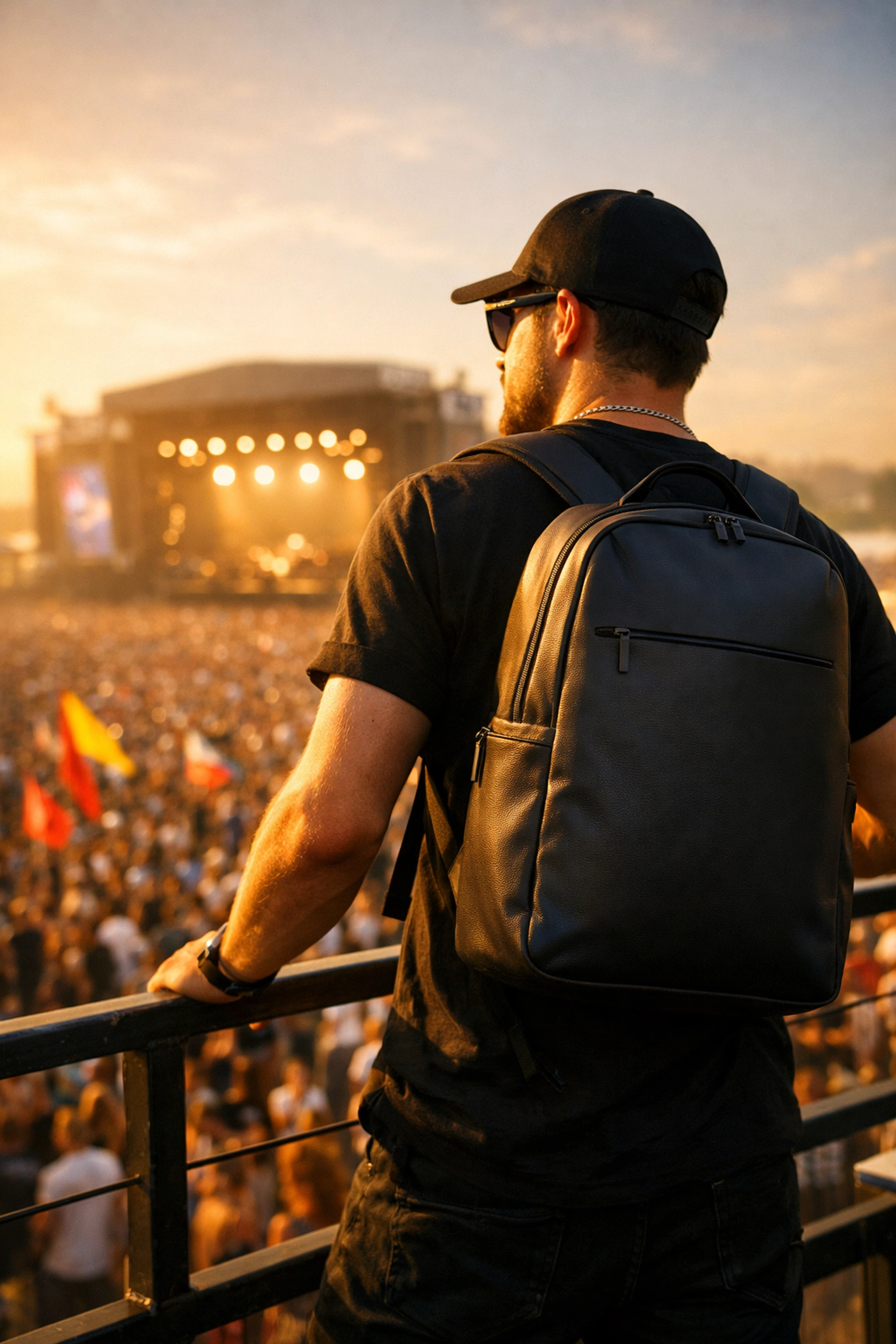 A music artist wearing a minimalist backpack while overlooking a major outdoor music festival stage.
