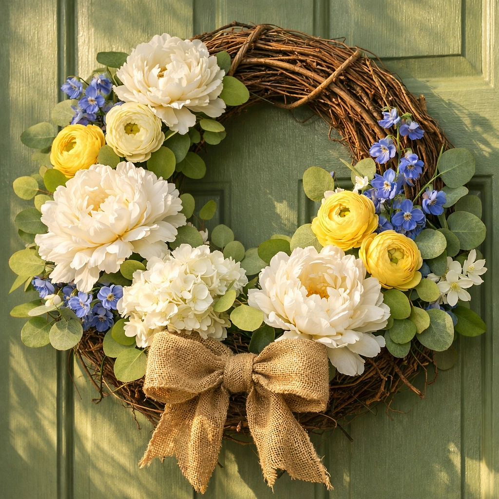 Handcrafted white floral wreath with butter yellow accents hanging on sage green front door