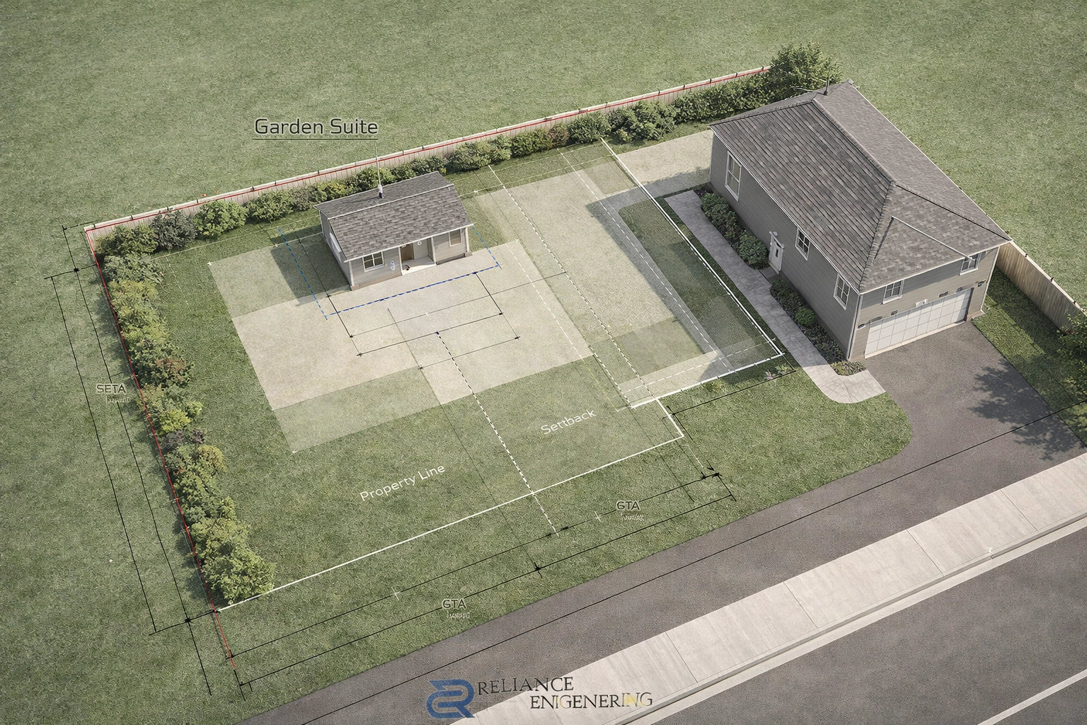 GTA garden suite building permit drawings showing site plan setbacks and property boundaries.