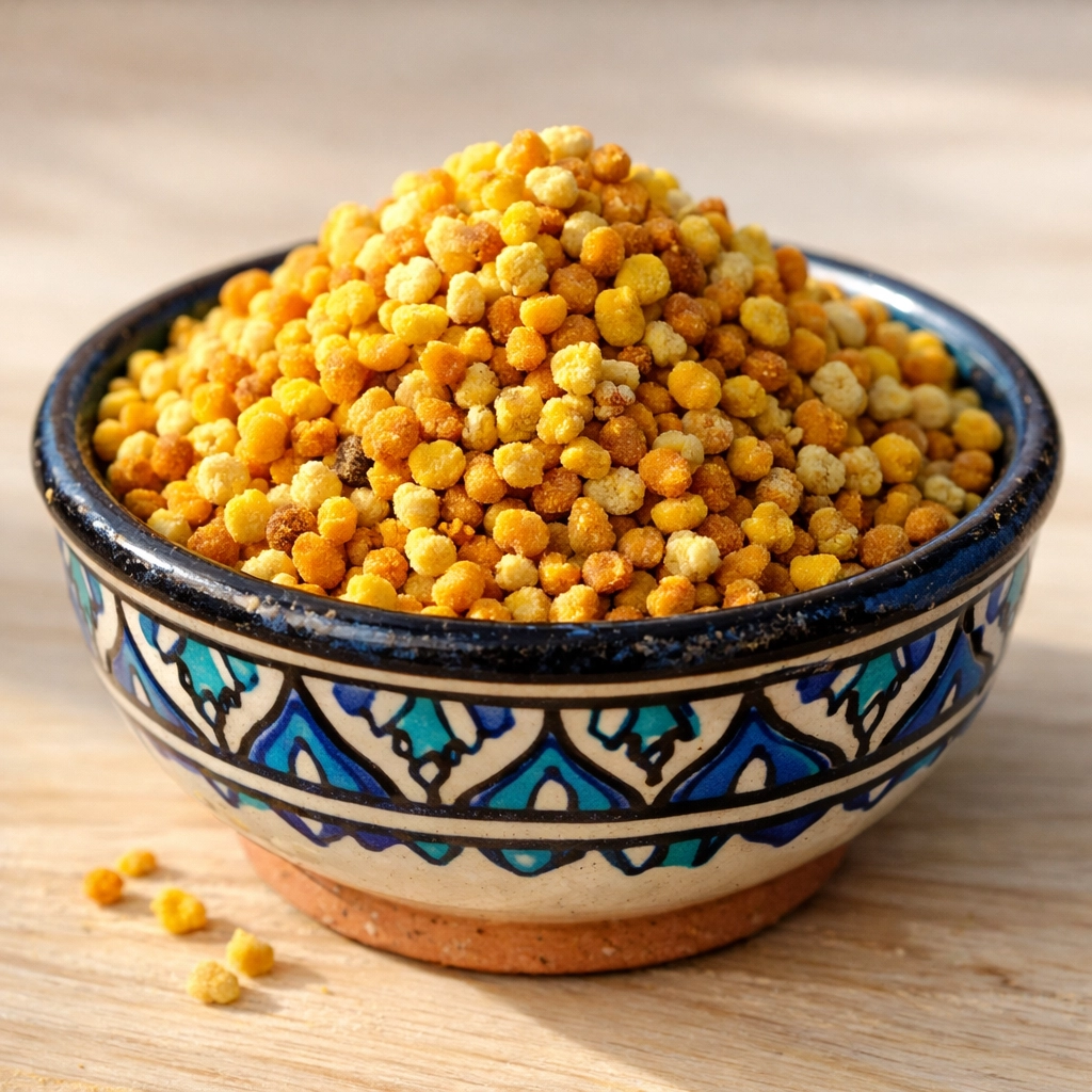 Pure golden bee pollen granules in a Moroccan bowl, a powerful natural supplement for immunity.
