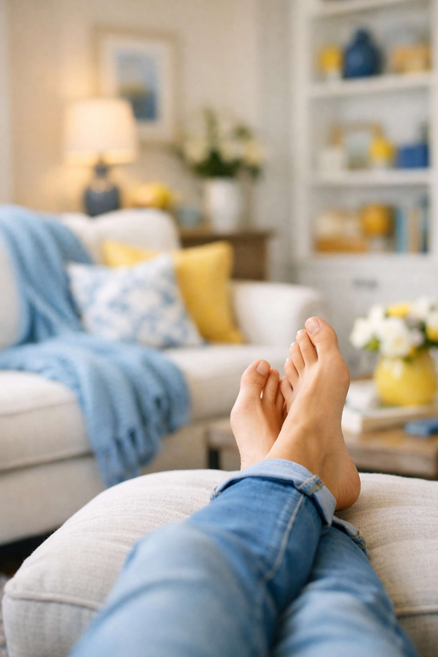 A relaxed homeowner enjoying a clean, stress-free living room after a professional bi-weekly cleaning visit.