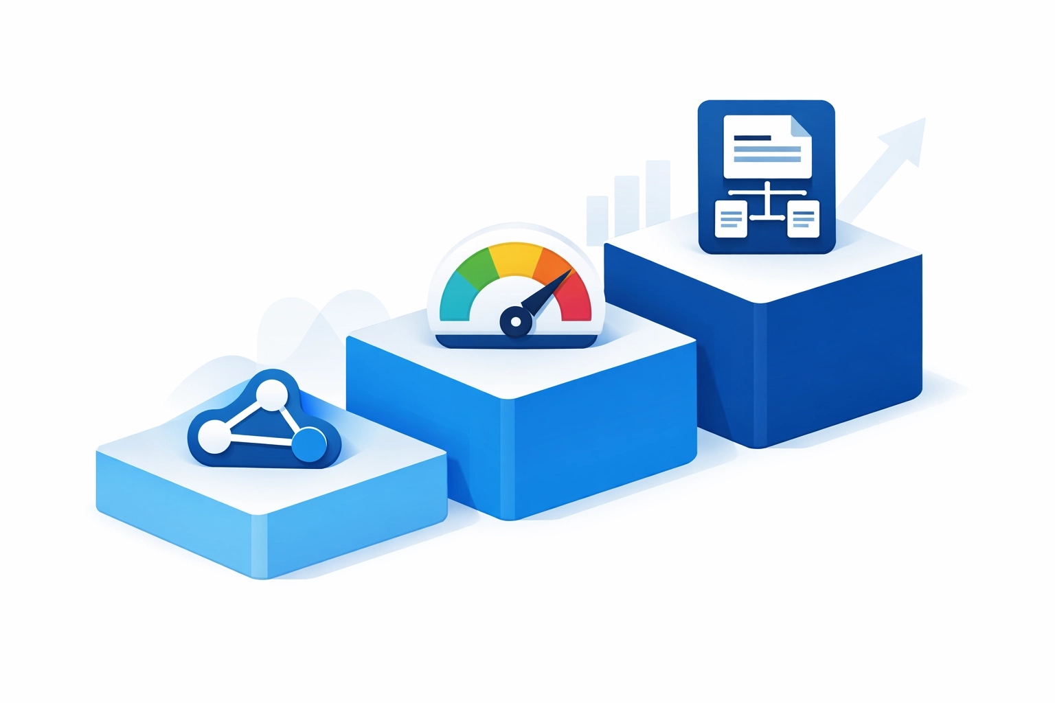 Three-step SEO improvement strategy showing internal links, page speed, and content structure