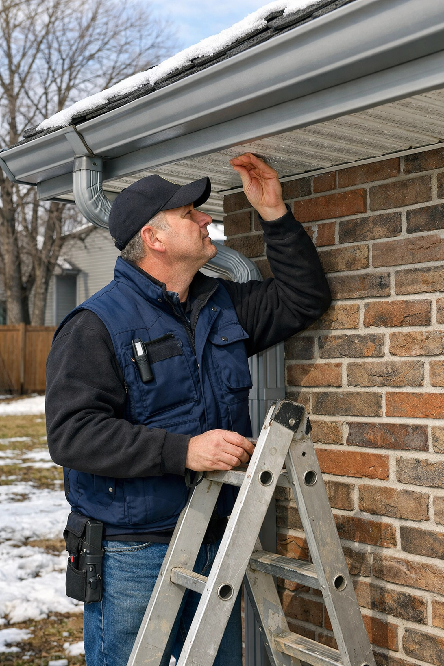 Professional home inspector checking gutters and soffits during a pre-purchase home inspection in Edmonton.