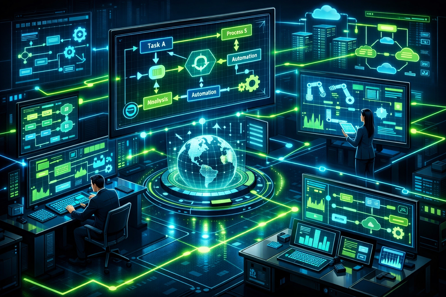 AI process automation platform orchestrating multiple workflows and business systems