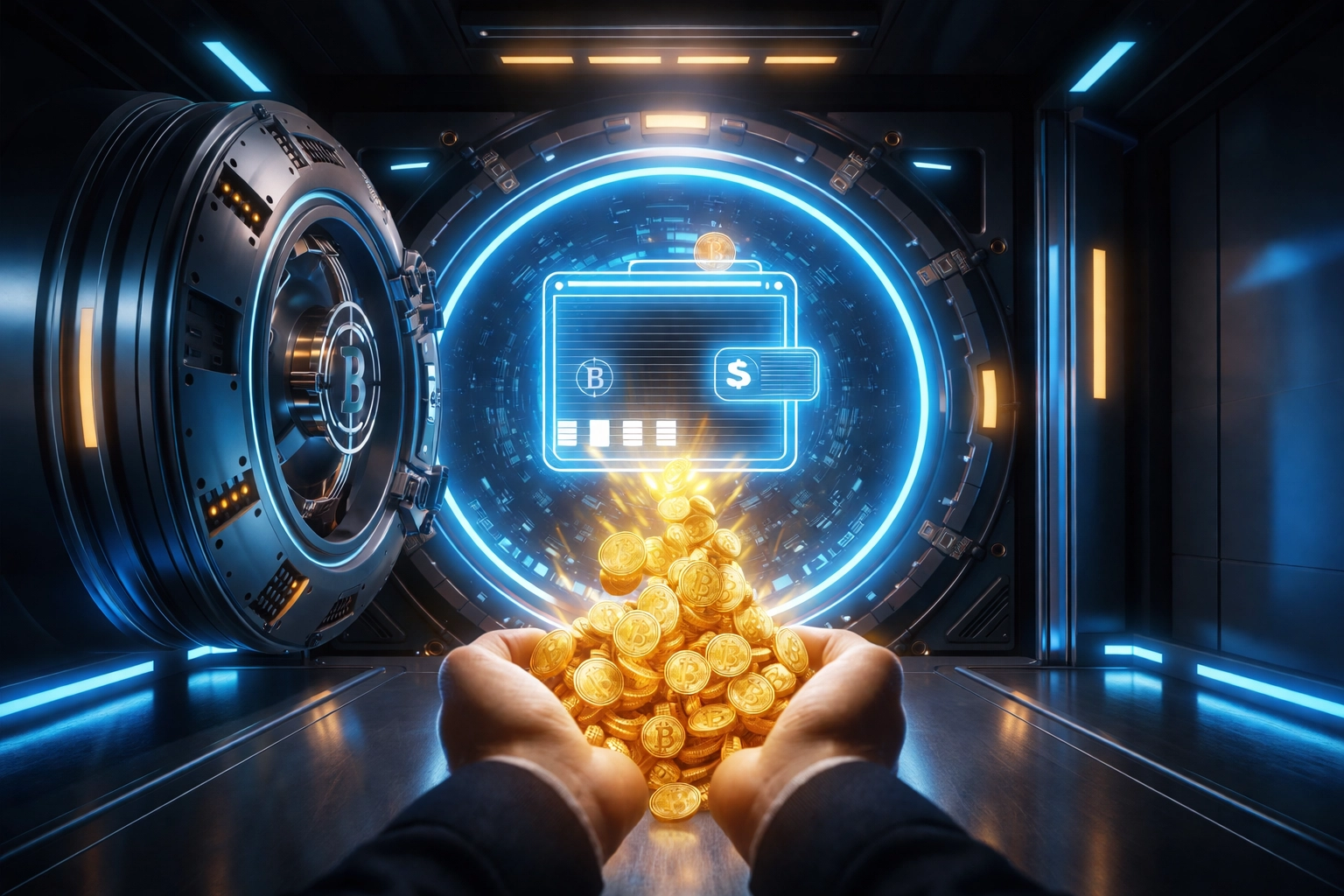 A digital vault streams cryptocurrency coins into a merchant's hands, symbolizing self-custody Web3 payments.