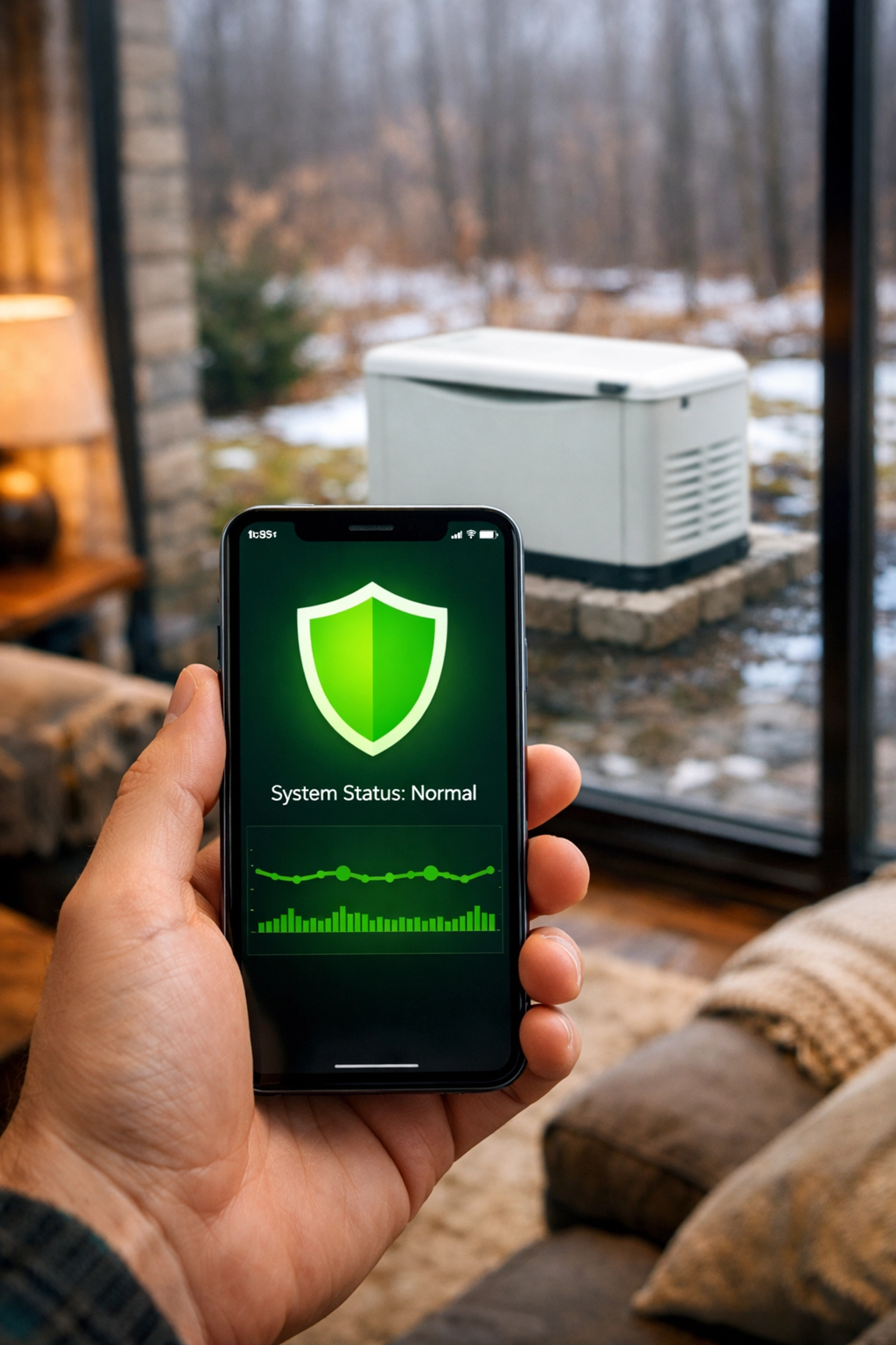 Homeowner using a mobile app for 24/7 remote generator monitoring during the Ottawa spring thaw.