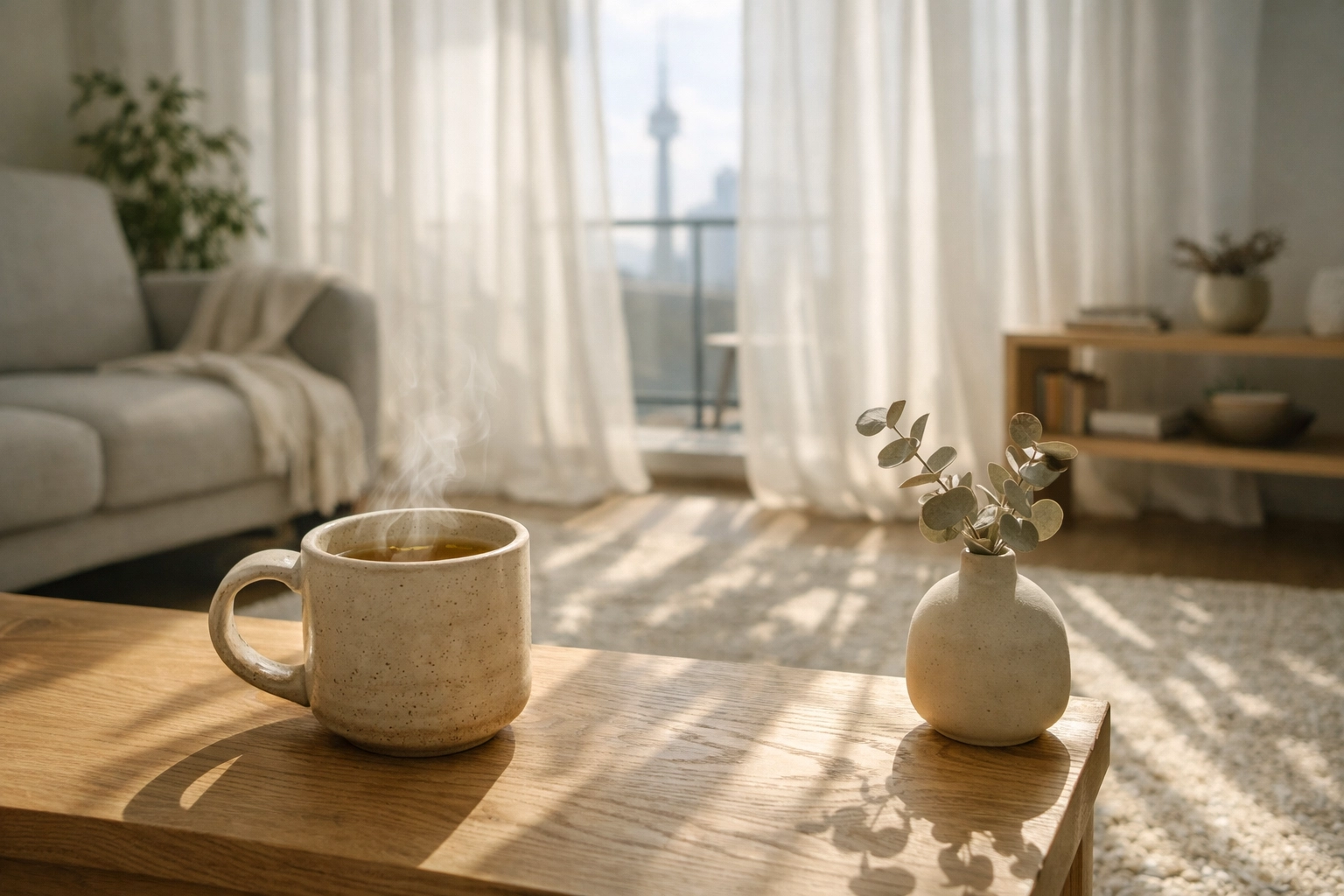 Sun-drenched Toronto home with tea, highlighting the peaceful physical recovery supported by a postpartum doula.