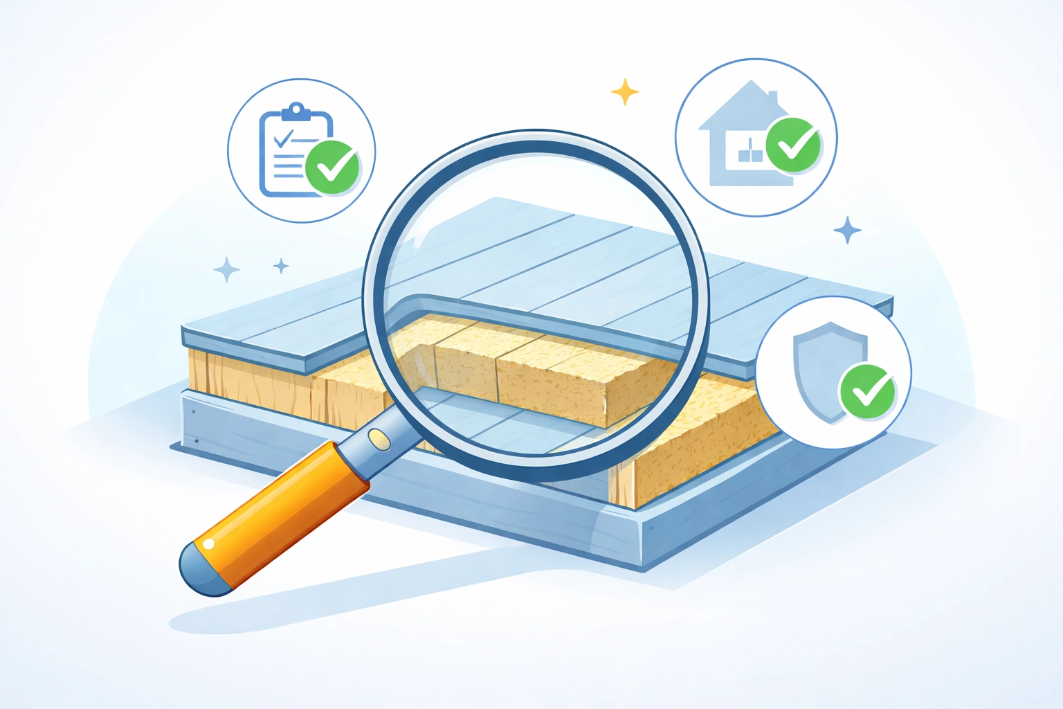 Magnifying glass inspecting layers of mineral wool loft insulation with quality check symbols