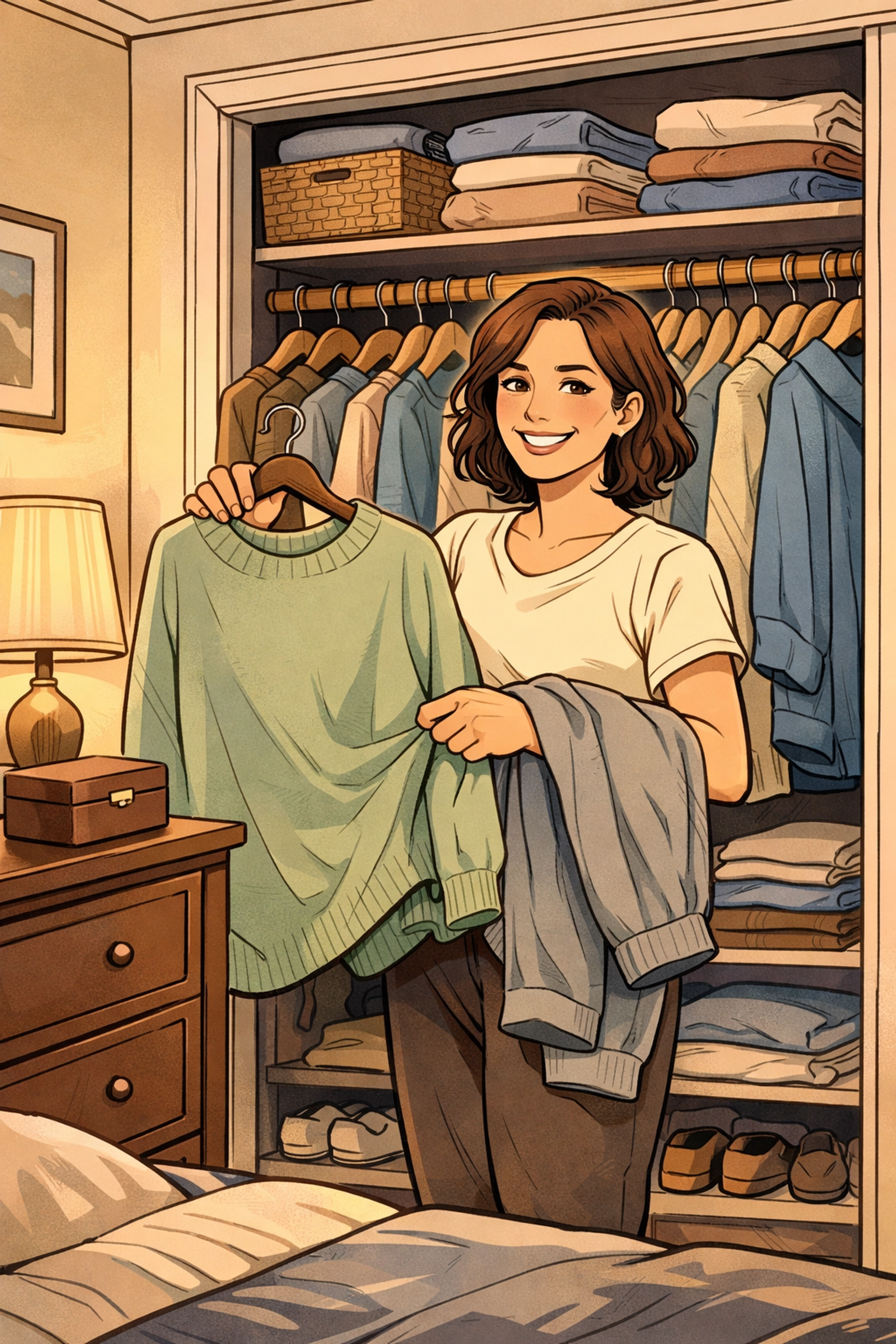 Person choosing comfortable loose-fitting clothes to wear to their annual physical