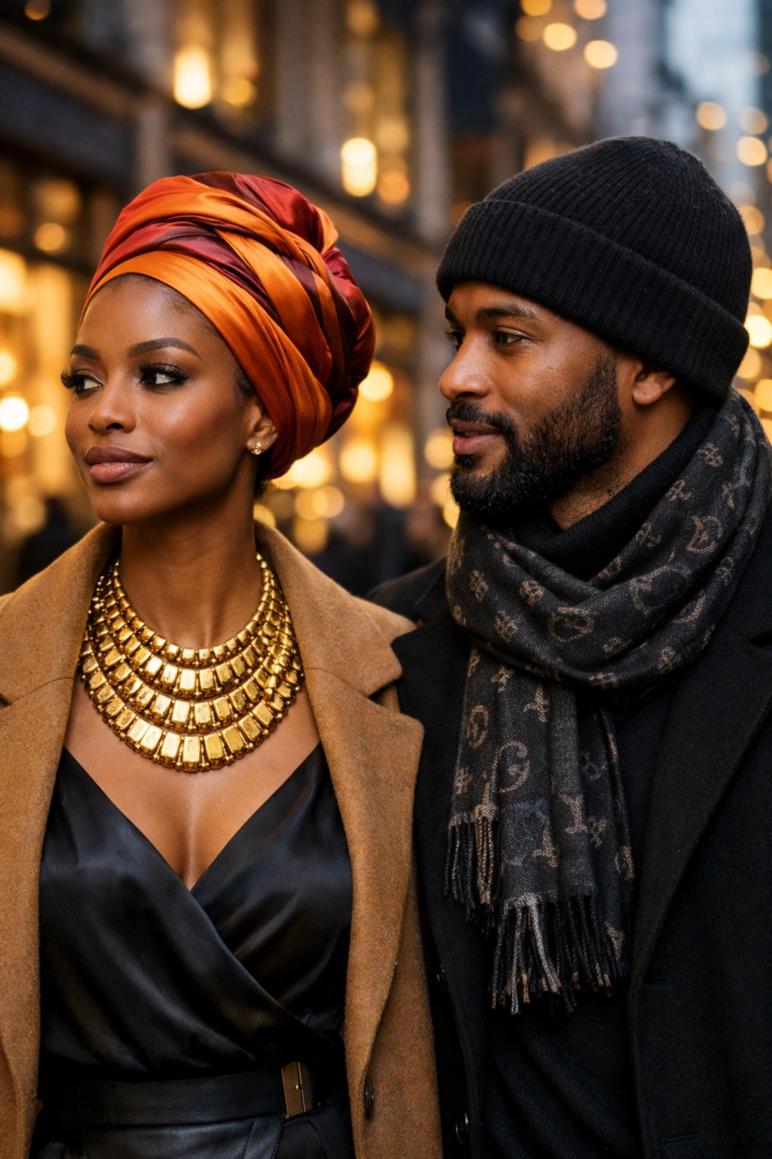 Fashionable Black couple wearing premium silk headwraps and jewelry to support the #BuyBlack movement.
