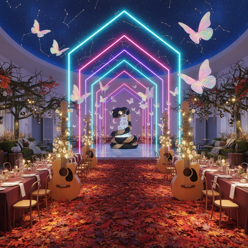 Giant snake in neon archway with butterflies. Tables with guitars, candles, and red autumn leaves on floor. Starry, constellation sky.