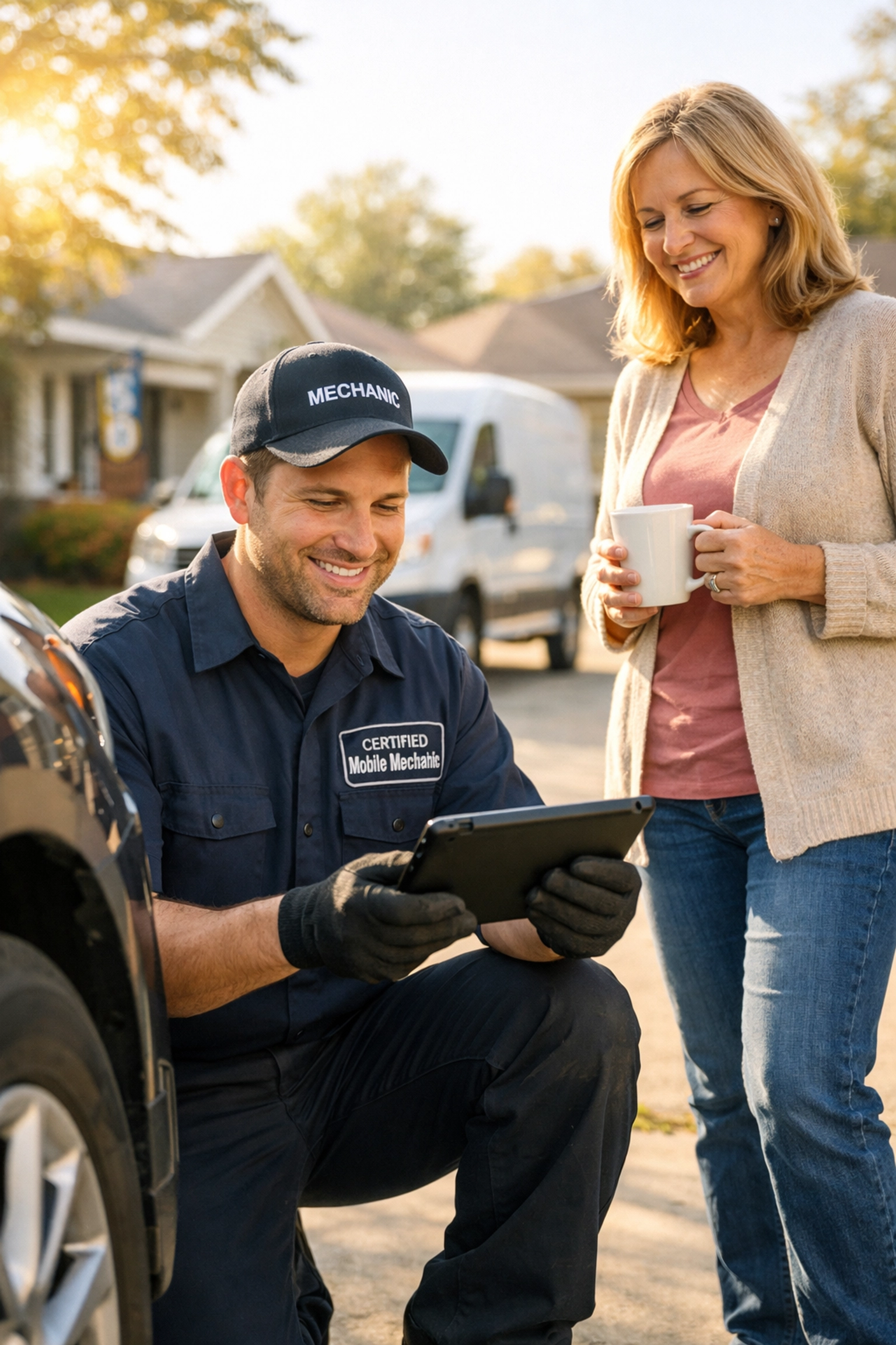 Mobile mechanic servicing car in Green Bay residential driveway while homeowner watches