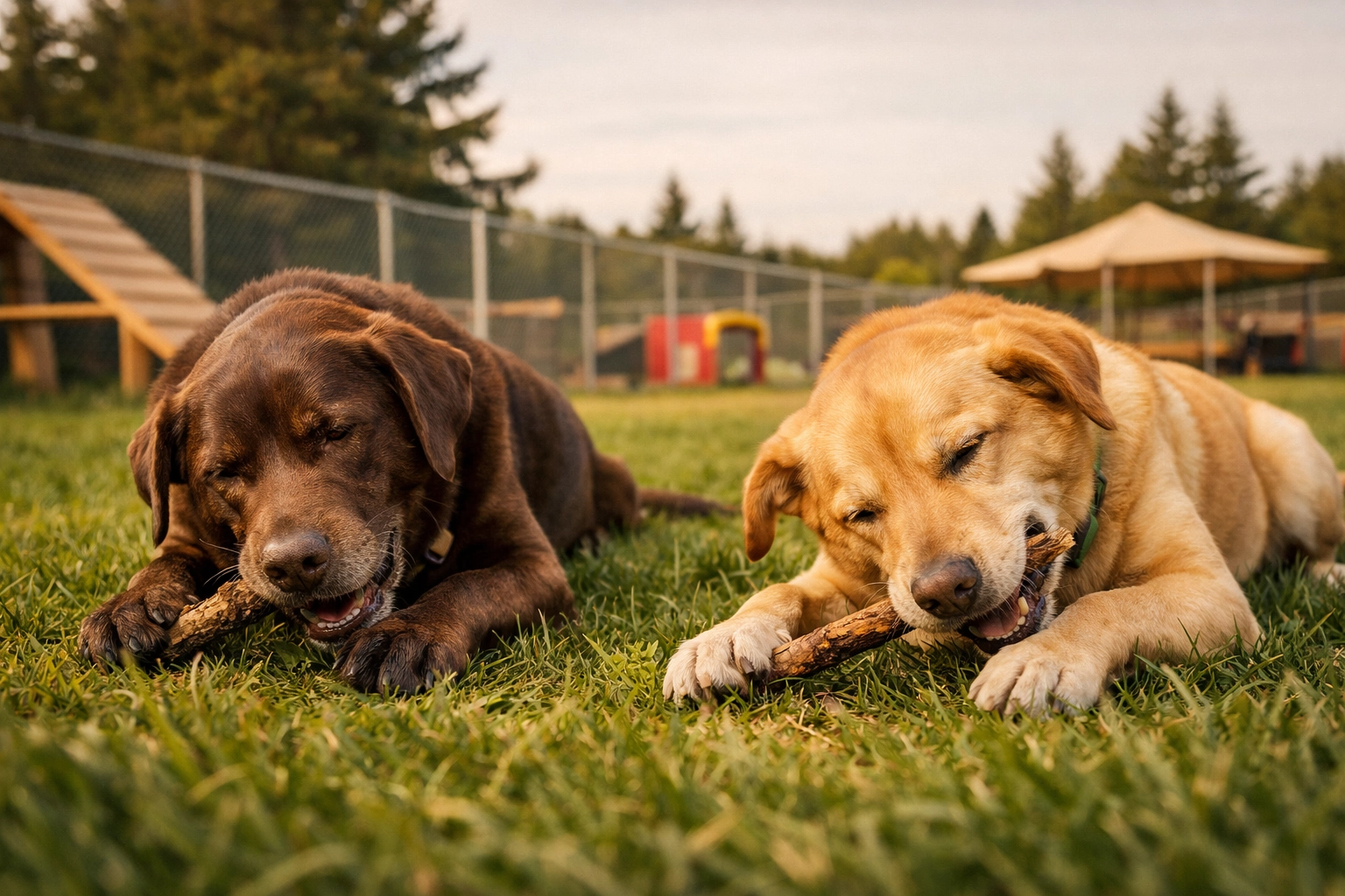 Dogs enjoying natural enrichment at Green Acres K-9 Resort, a holistic dog boarding and daycare near Boring.