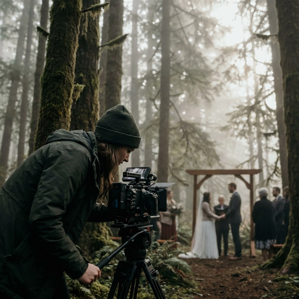 Female wedding videographer films a ceremony amid misty Oregon forest, capturing cinematic Pacific Northwest style.
