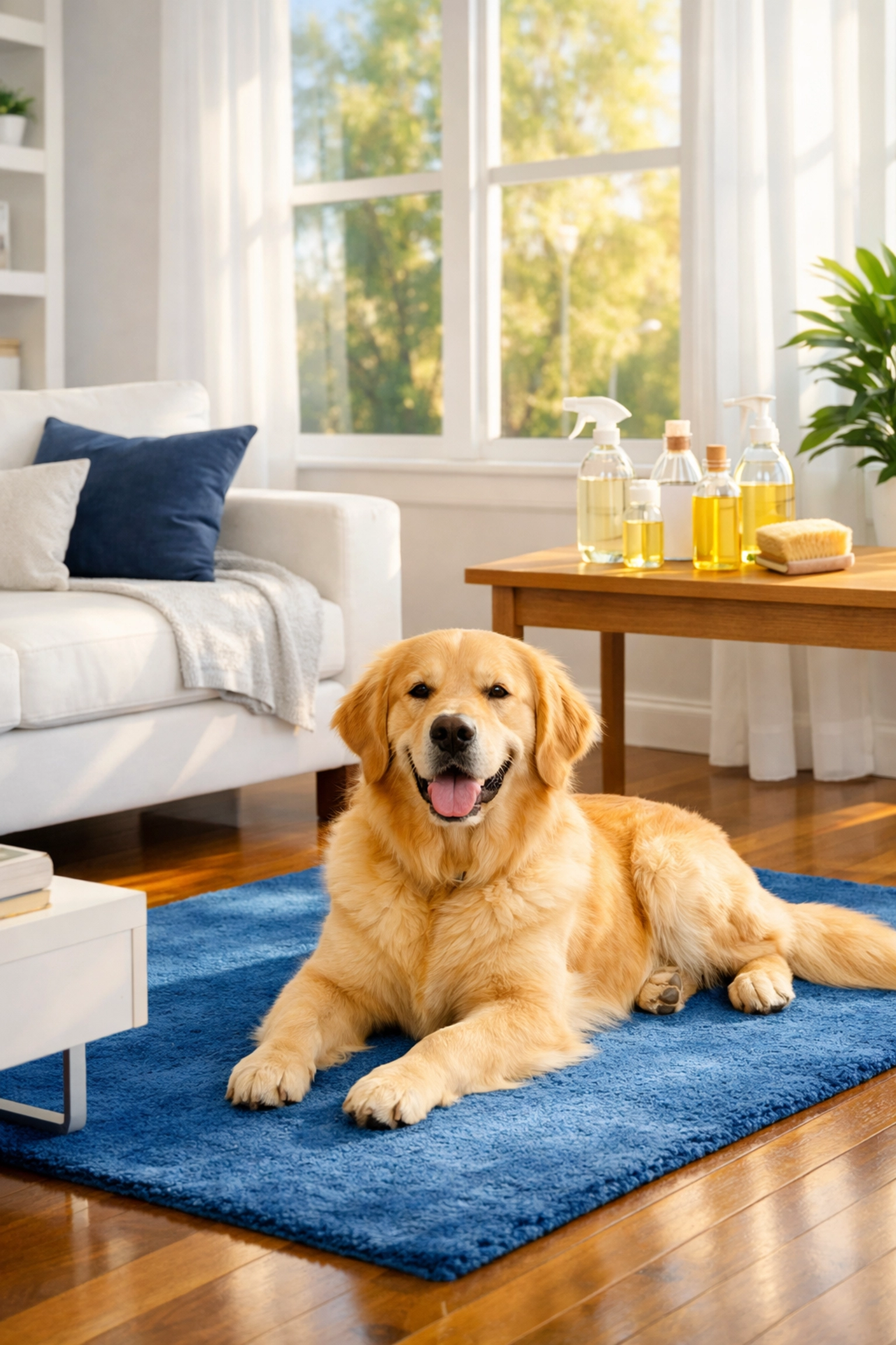 Sunlit living room with eco-friendly cleaning supplies and a pet-friendly rug for House Cleaning Framingham.