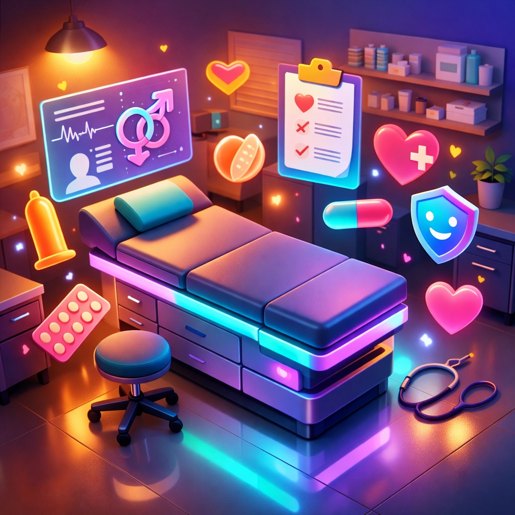 Modern gynecologist exam room with welcoming atmosphere for sexual health discussions