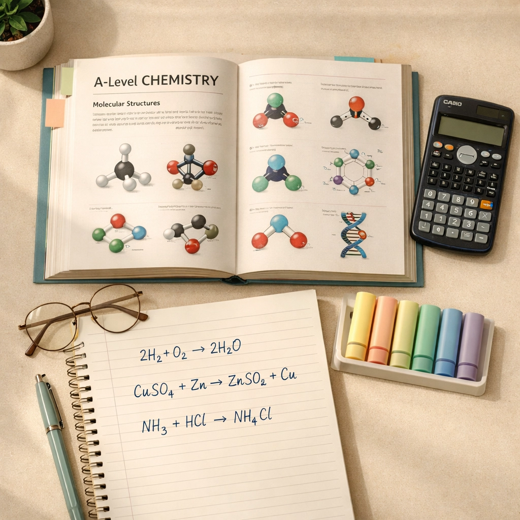 A Level Chemistry textbook and study materials on desk with molecular diagrams and equations