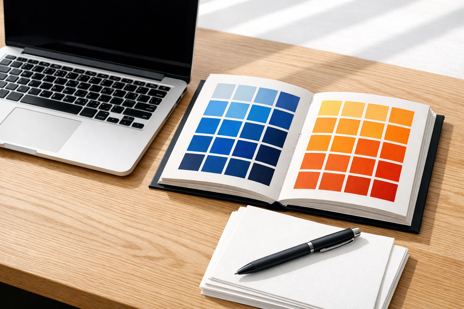 Professional designer workspace with color swatches and stationery for DFW business branding.