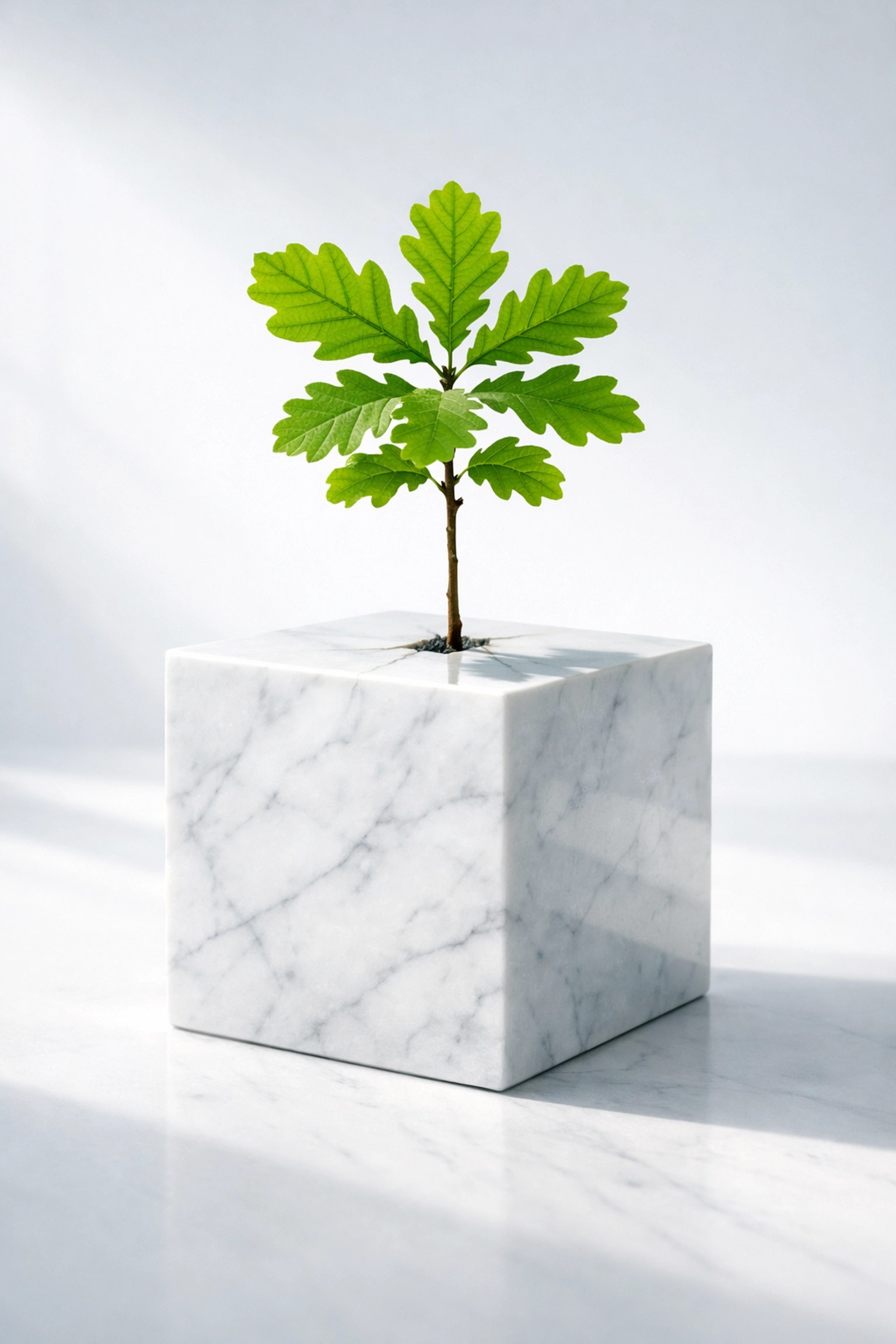 A green sapling growing from a marble base, symbolizing the long-term legacy and foundation of permanent life insurance.