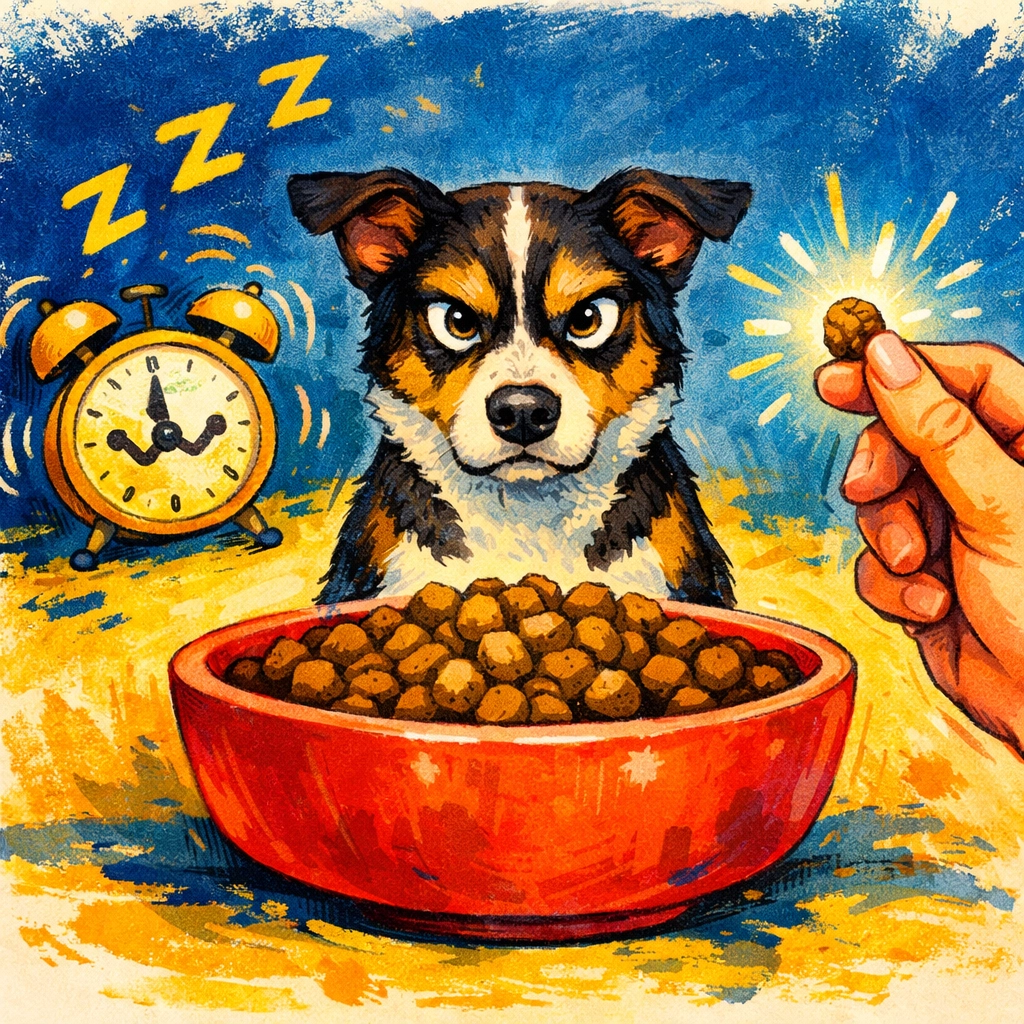 Rescue dog waiting for breakfast to establish a routine after you adopt a dog from a local rescue.