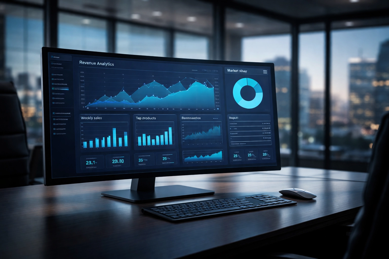 Modern office with analytics dashboard displaying SaaS payment trends and churn data, emphasizing predictive payment insights