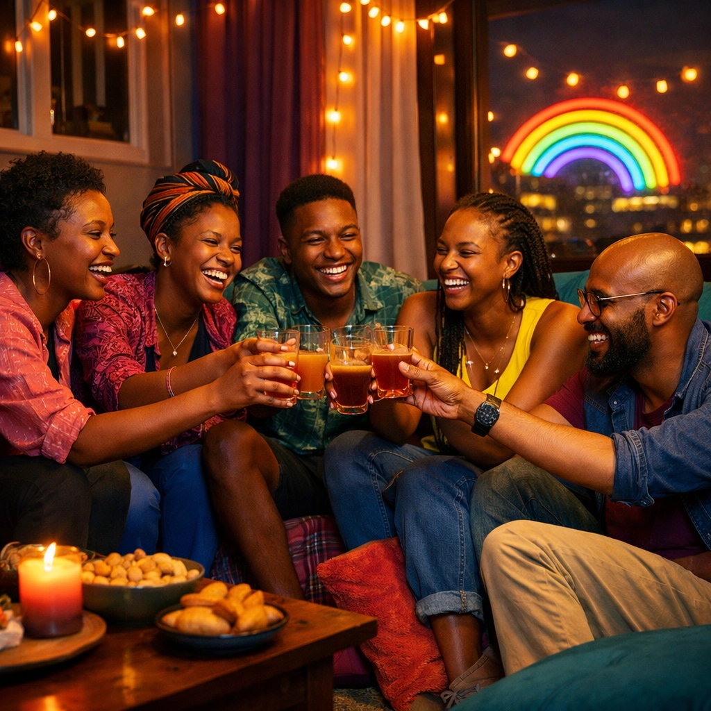 A diverse group of queer friends gathering in a Kigali home, highlighting LGBTQ+ community and joy.