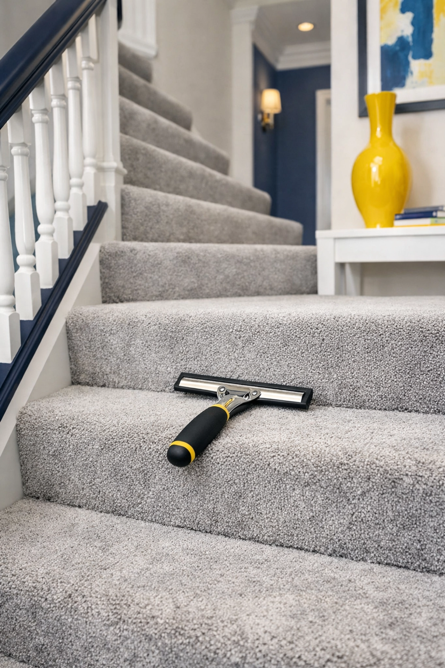 Cleaning pet hair from carpeted stairs using a professional handheld squeegee.