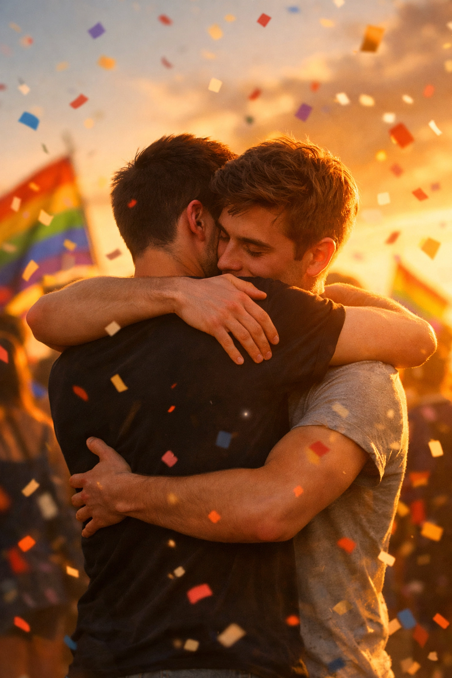Gay couple embracing at Pride festival celebrating love and acceptance