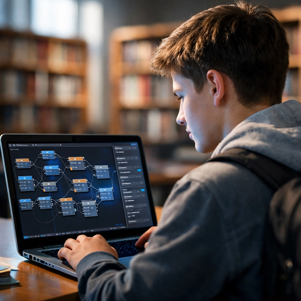 High school student learning digital architecture on a laptop for next-gen tech recruitment.
