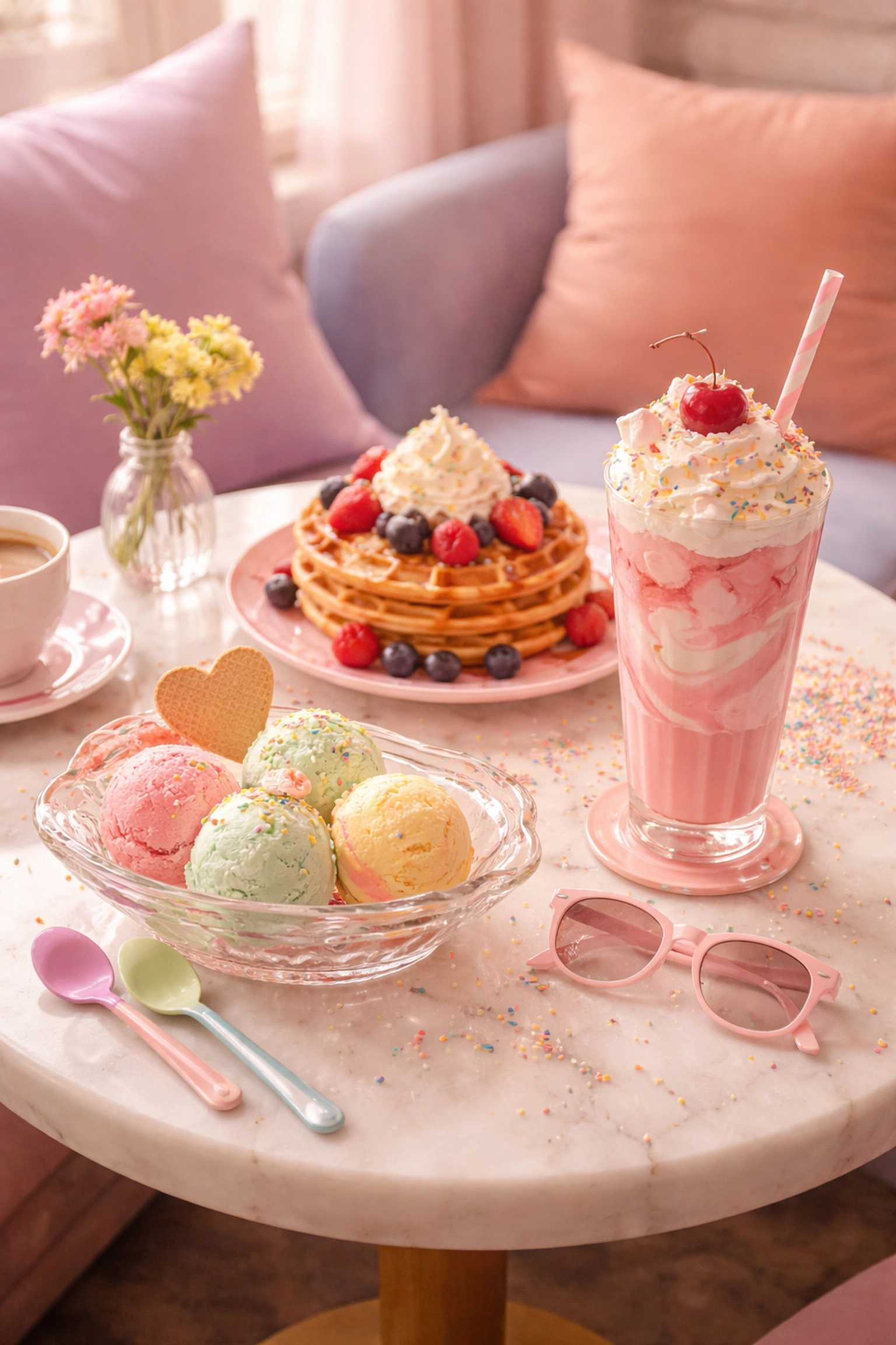 Charming cafe table with pastel ice cream, thick milkshake, and waffle stack: Felixstowe dessert selection