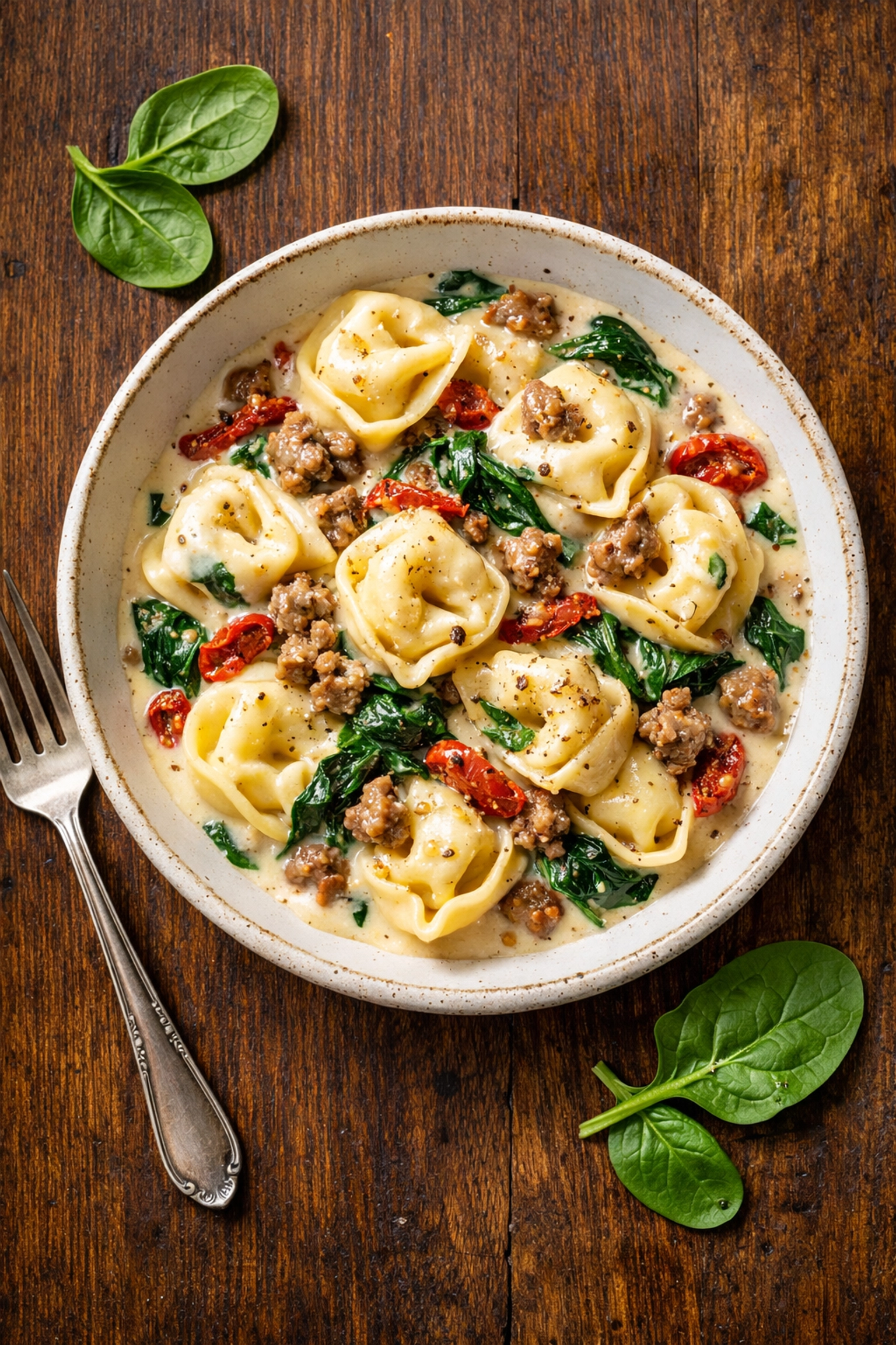 The Fastest Way to Get Dinner on the Table Tonight (Only 5 Ingredients Needed) Creamy sausage tortellini with spinach and sun-dried tomatoes - easy 5-ingredient weeknight dinner