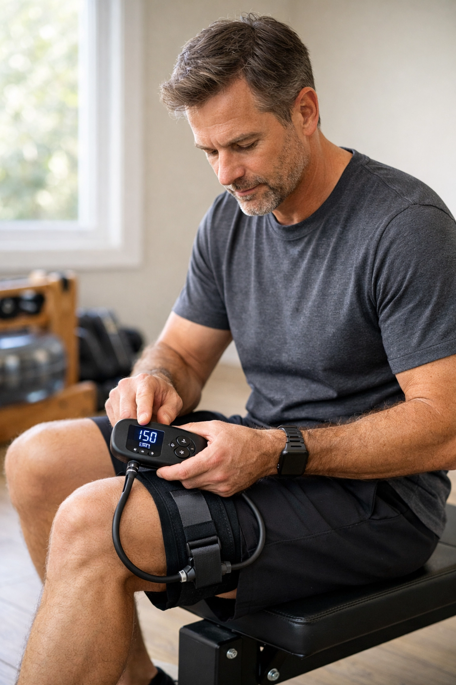 Fitness enthusiast using a digital BFR device to monitor thigh cuff pressure in a modern home gym.