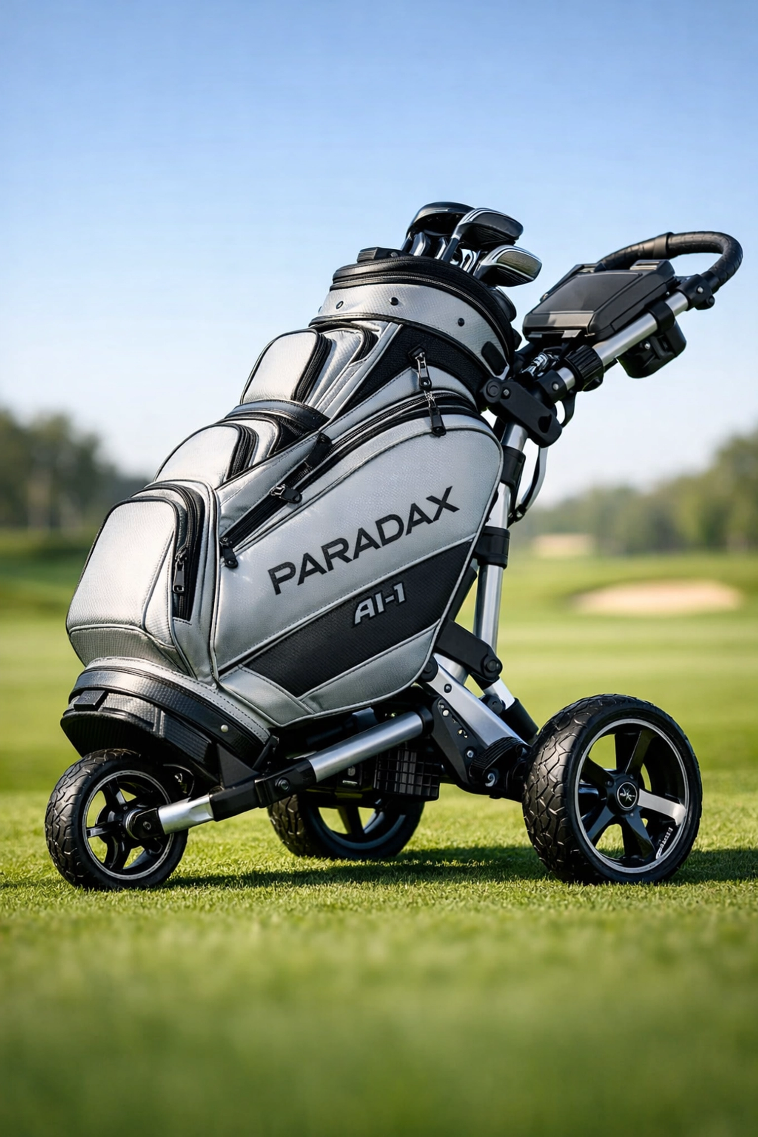 Durable PARADAX AI-1 all-in-one golf bag with integrated 3-wheel push cart on a sunny golf course.