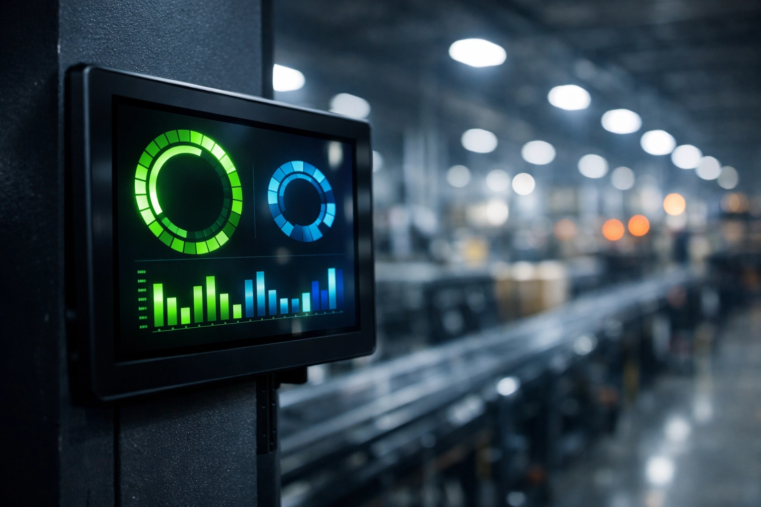Modern energy management control panel for monitoring warehouse energy efficiency and usage.
