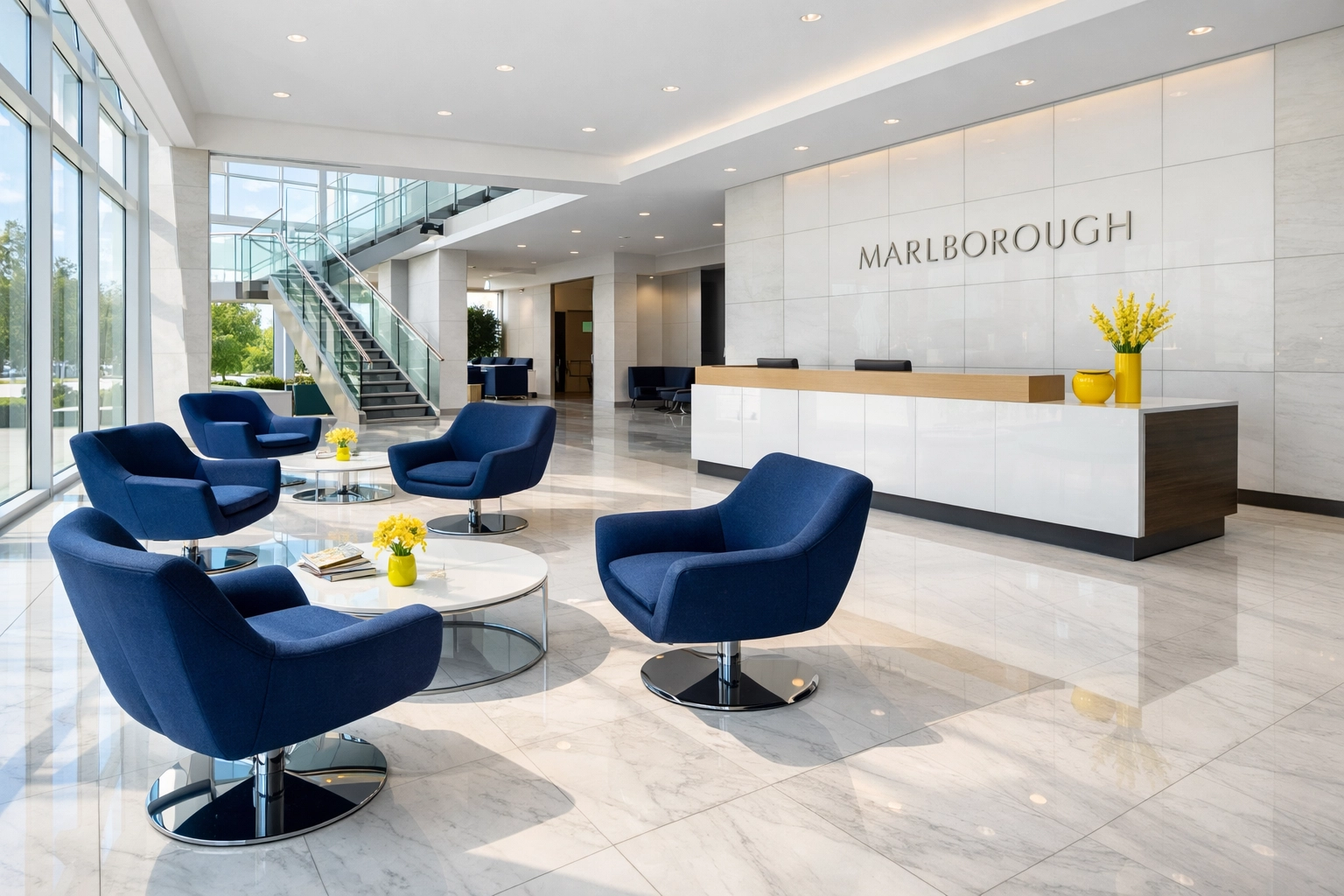 Professional office cleaning in Marlborough creates a sparkling and productive corporate lobby.