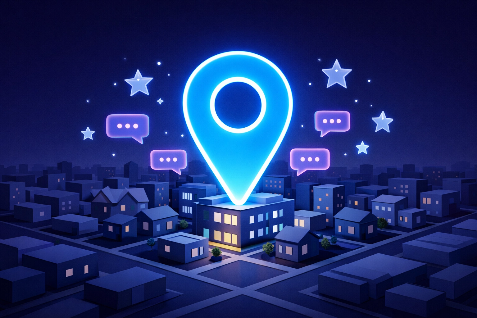 A glowing map pin and review stars over a digital city grid representing local search visibility.
