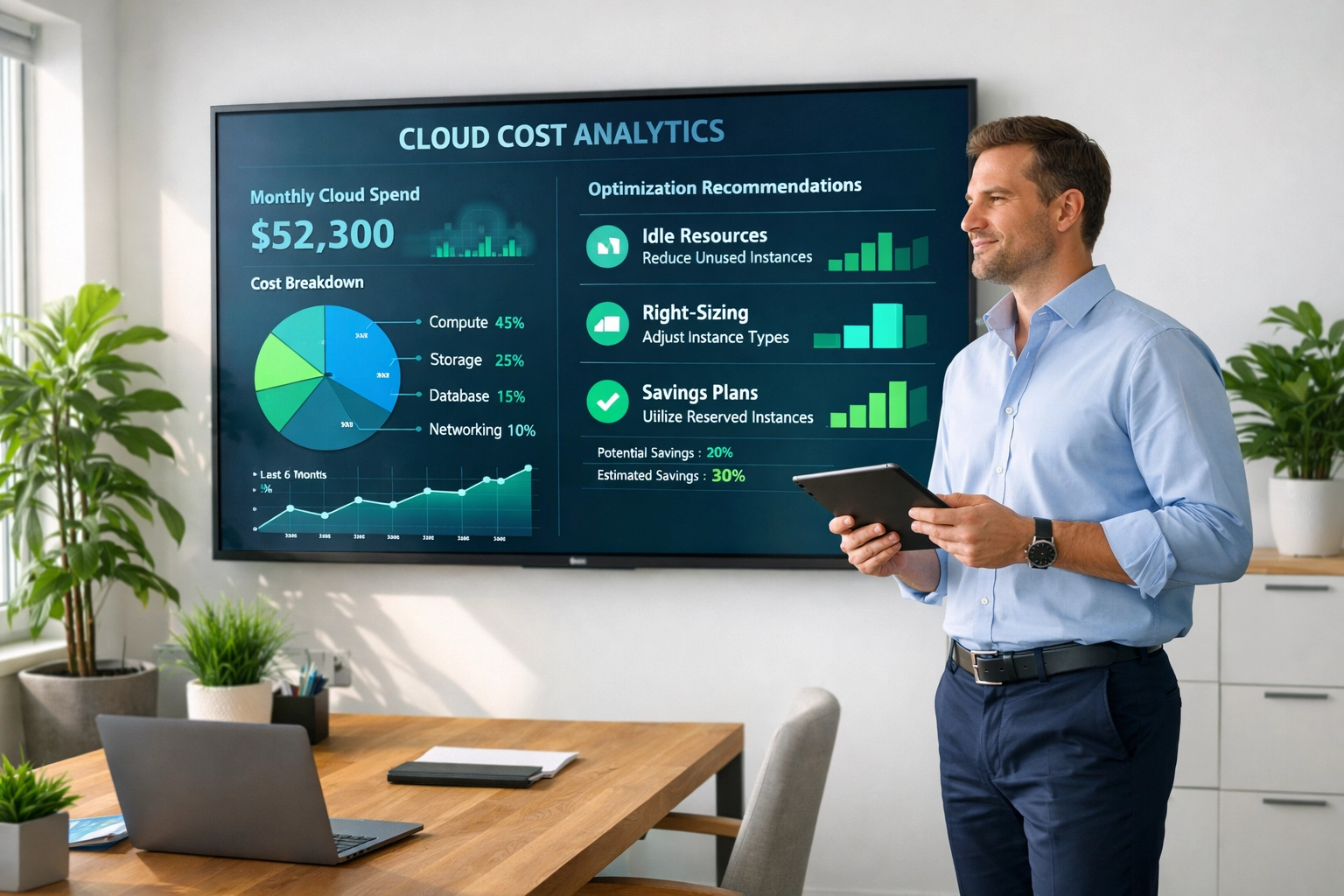 IT manager analyzing ServiceNow infrastructure optimization and cost analytics dashboard