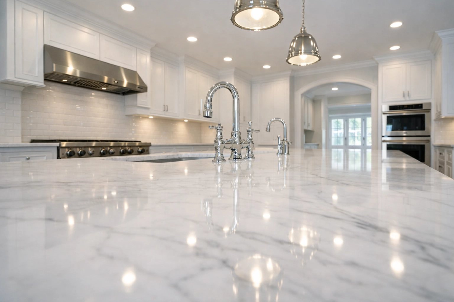 Spotless kitchen with marble countertops after a deep move-out cleaning by house cleaning services MA.
