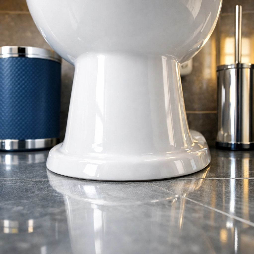 A pristine, sparkling white toilet in a modern luxury bathroom after a deep cleaning.