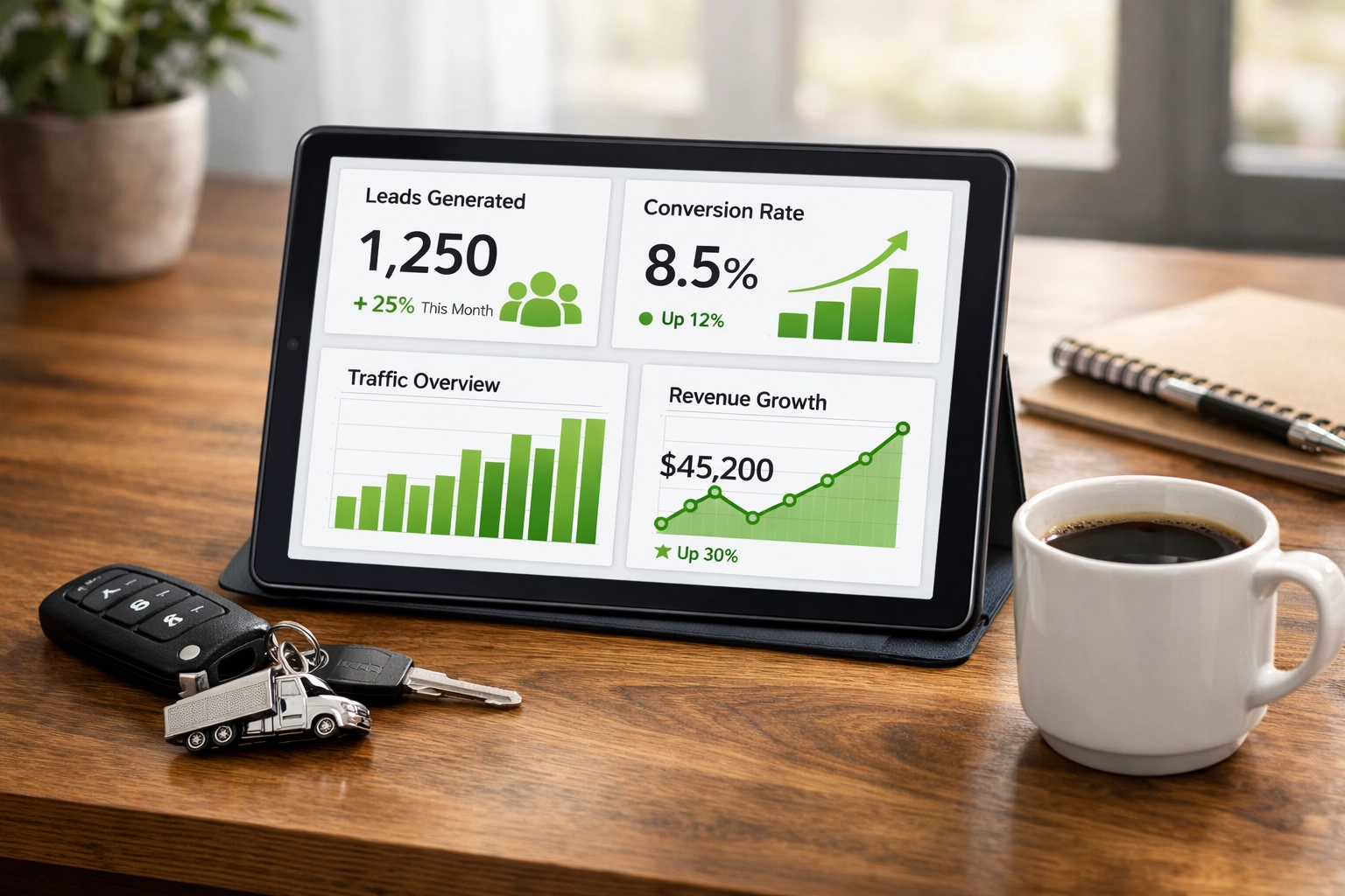 Digital marketing analytics dashboard showing lead generation results from fleet QR code scans.