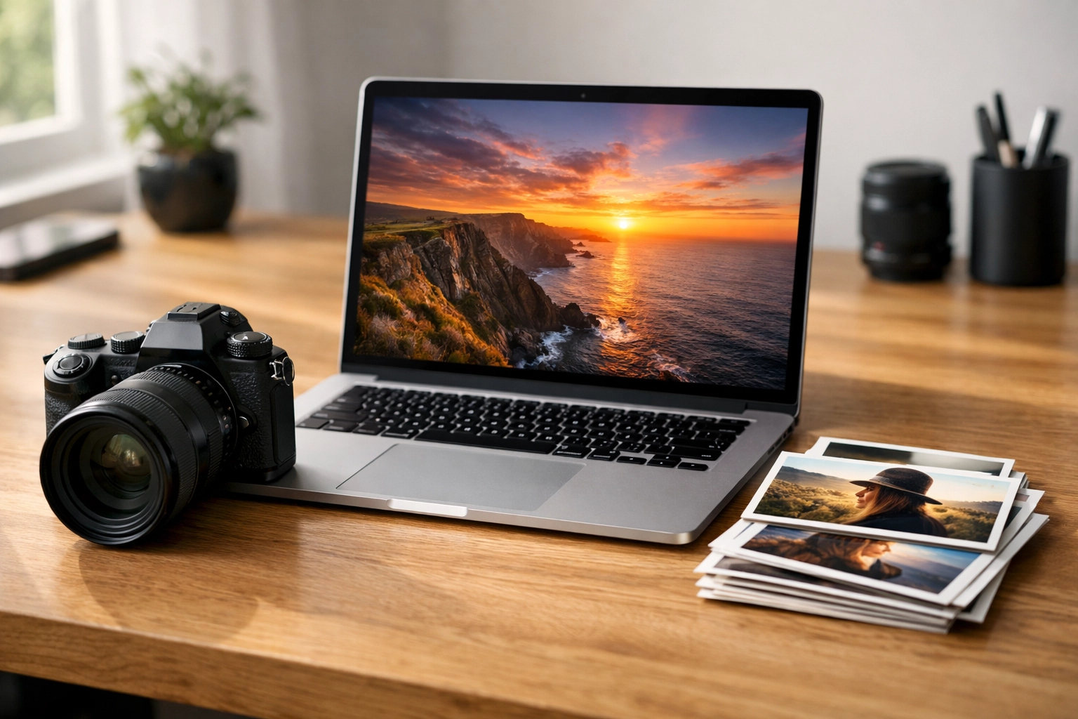 How to Get Your First 10 Photo/Video Gigs on Proshoot.io (Step-by-Step, No Huge Following Needed) 1 A curated professional photography portfolio on a laptop screen next to a mirrorless camera in a modern workspace.