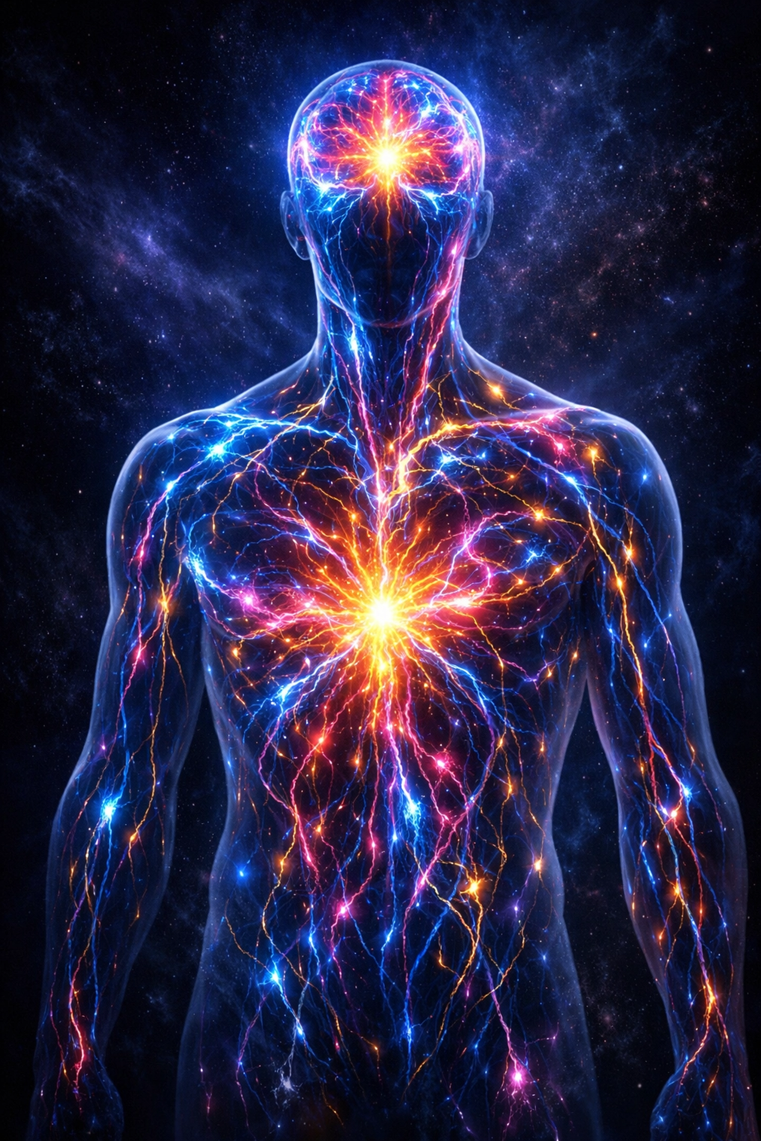 Vibrant neural pathways inside a human silhouette showing nervous system regulation for high performing leaders.