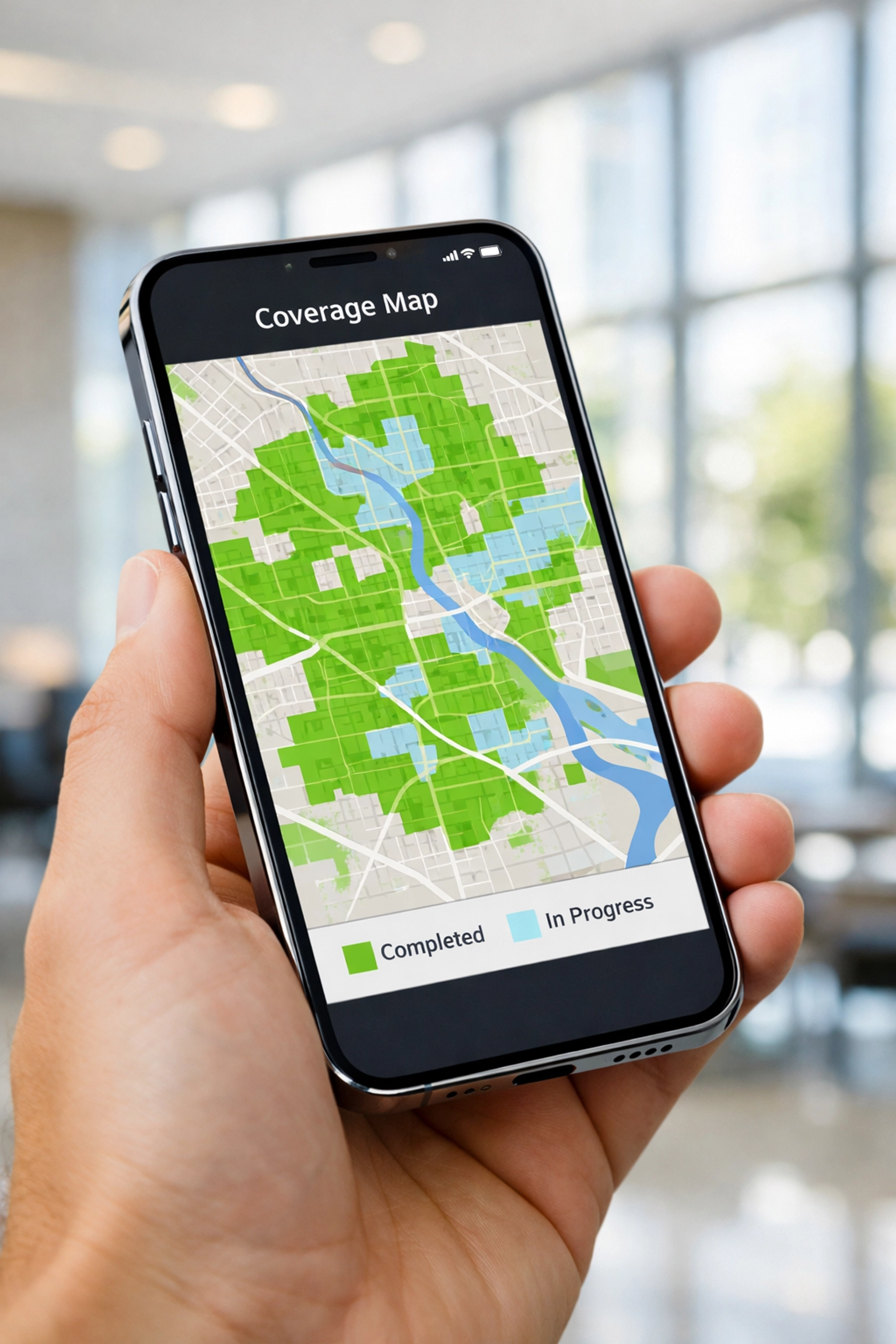 Mobile coverage map showing completed cleaning areas in commercial facility