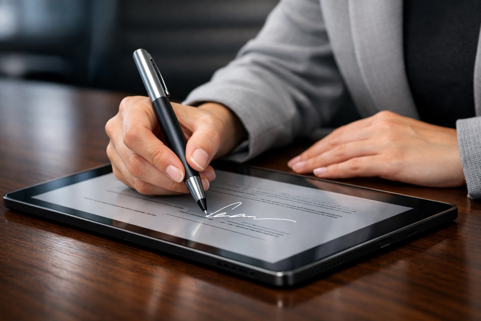 Hands in professional attire signing legal documents on a tablet for a secure remote online notarization closing.