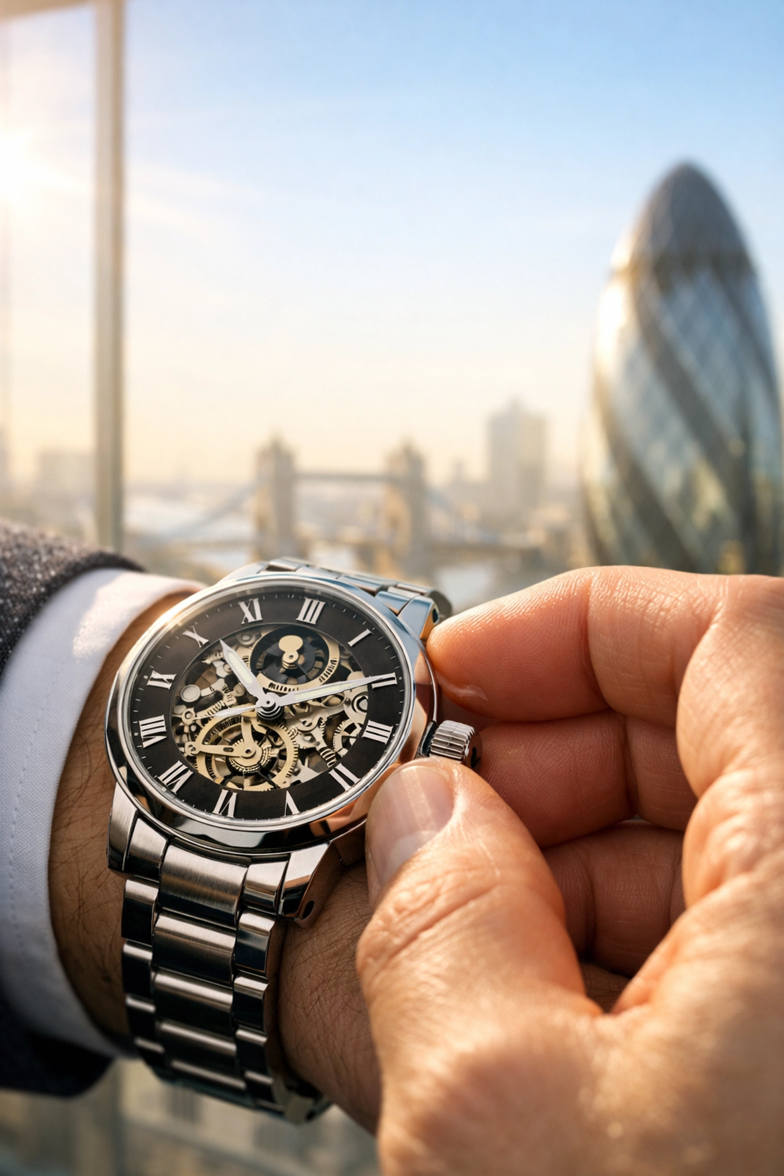Hand adjusting a luxury watch for British Summer Time BST with the London Gherkin skyline background.